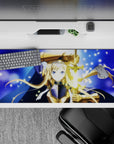 Midnight-blue anime desk pad 36x16 inches with icy-blue glow, gold armor shine, and starry flecks.
