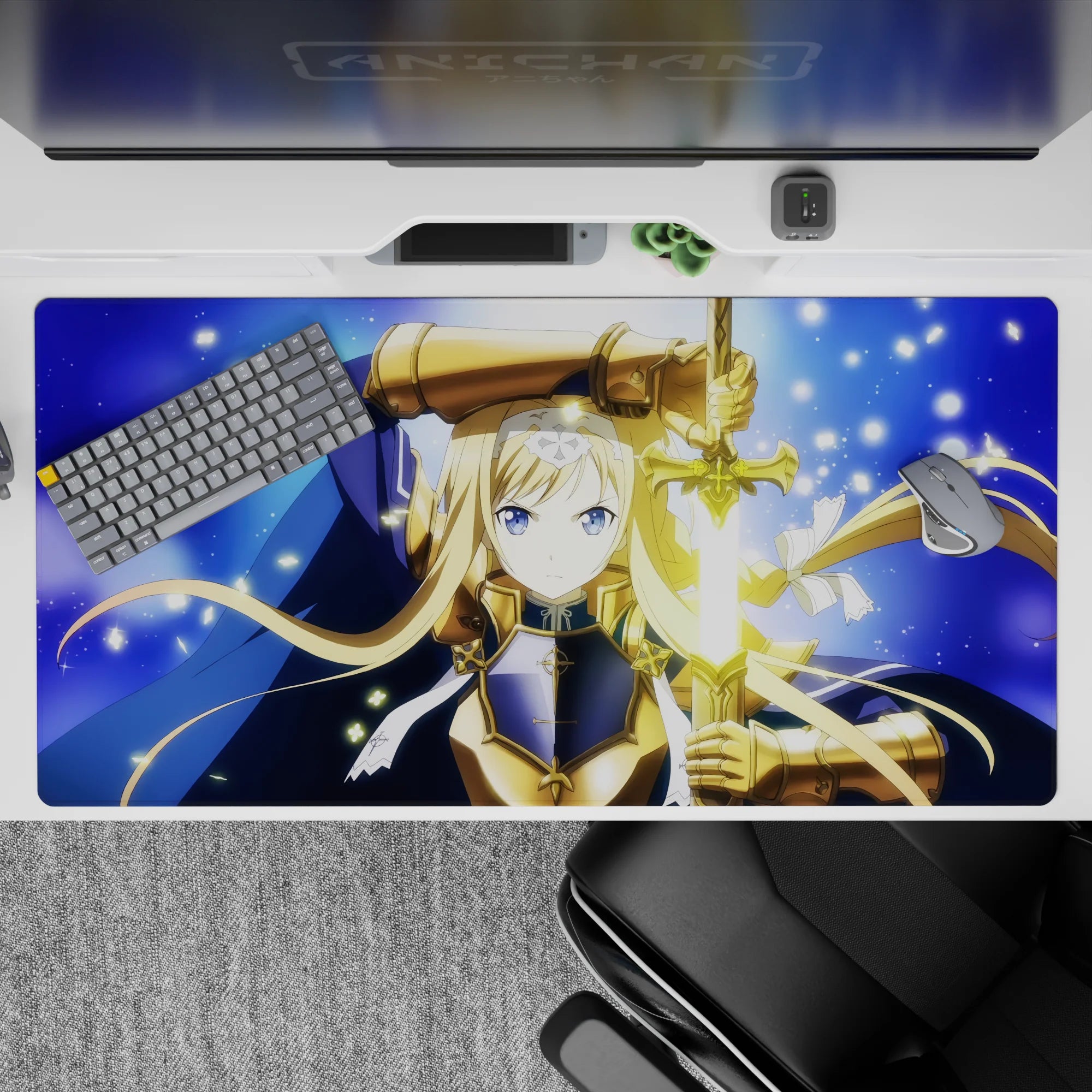 Midnight-blue 40x20 inches anime desk pad with star flecks, navy cloak, and cool icy-blue glow.