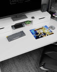 Anime girl mouse pad 14x10 inches showing a brave blonde knight in navy cloak holding an upright glowing sword.