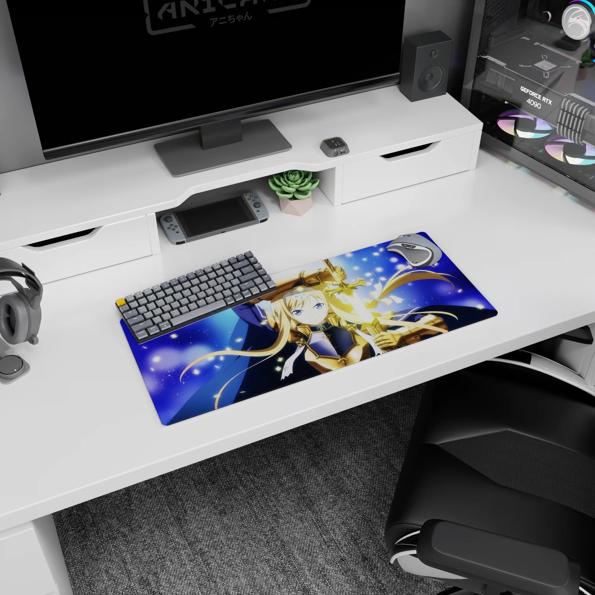 28x12 inches anime knight girl desk mat holding an upright glowing blade, icy-blue eyes, cloak flowing.