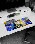 28x12 inches anime knight girl desk mat holding an upright glowing blade, icy-blue eyes, cloak flowing.