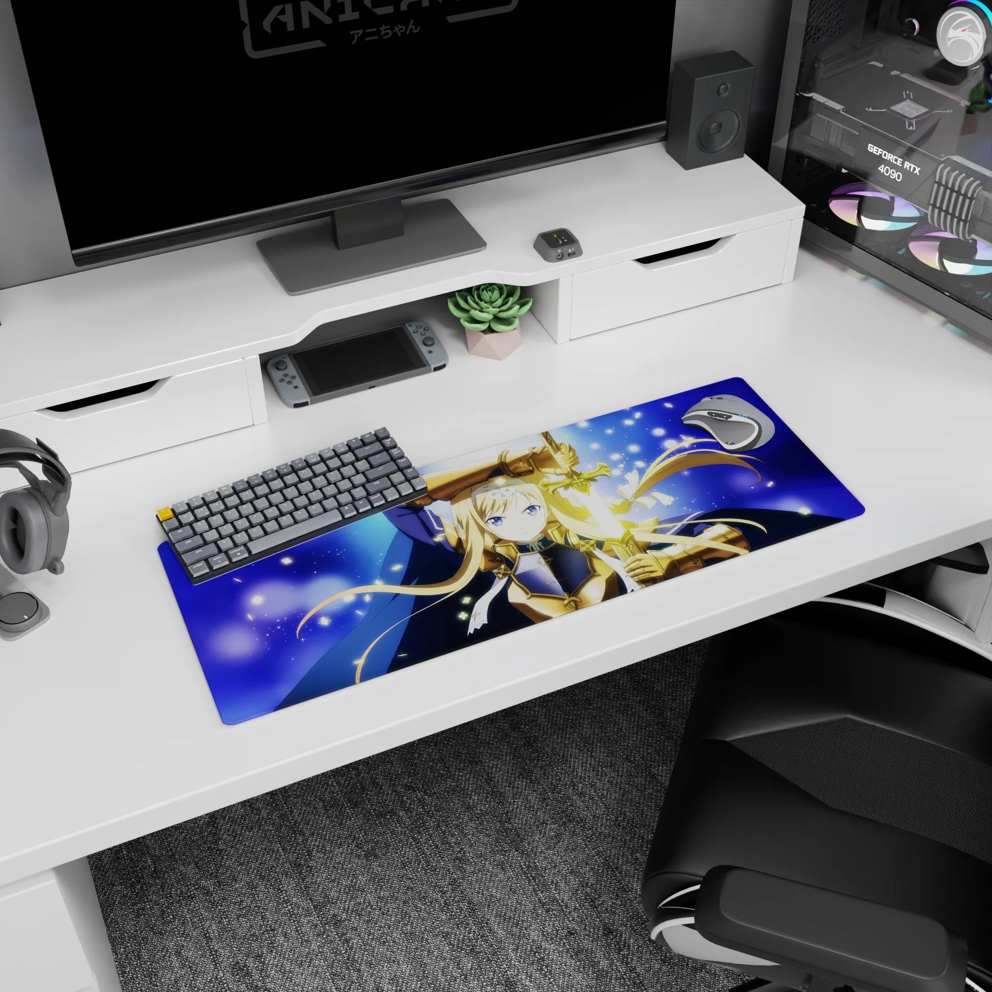 32x12 inches anime girl mouse pad showing an icy-blue-eyed knight holding a radiant sword upright.