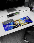 32x12 inches anime girl mouse pad showing an icy-blue-eyed knight holding a radiant sword upright.
