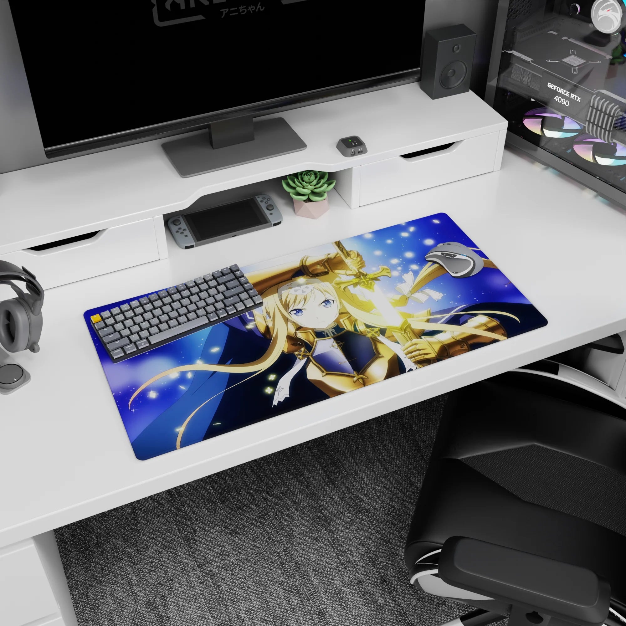 32x16 inches large mouse pad showing an icy-blue-eyed blonde knight holding a glowing sword upright.