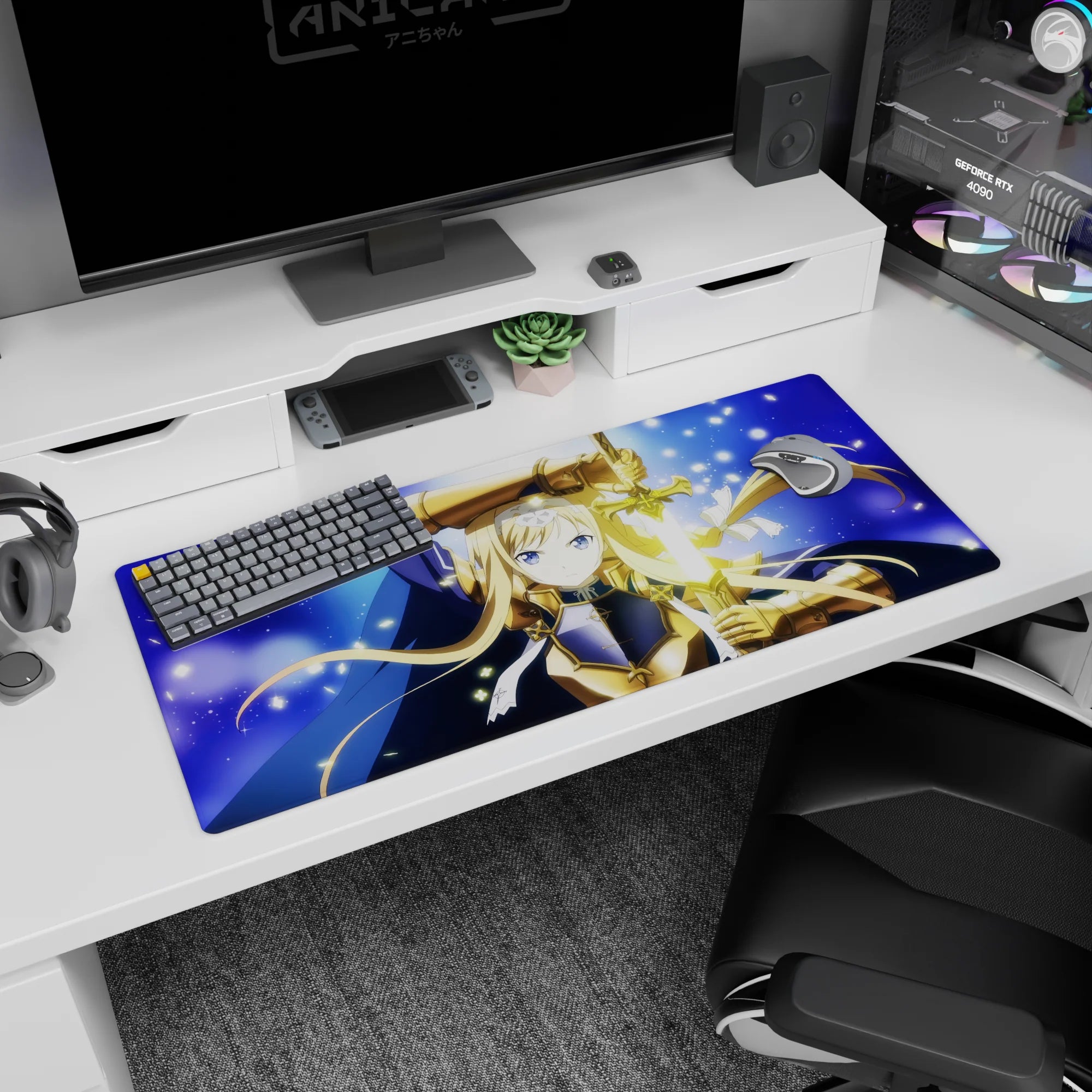 Blonde knight anime girl desk pad 36x16 inches, calm brave stare, sword held upright, cloak billowing.