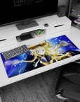 Blonde knight anime girl desk pad 36x16 inches, calm brave stare, sword held upright, cloak billowing.