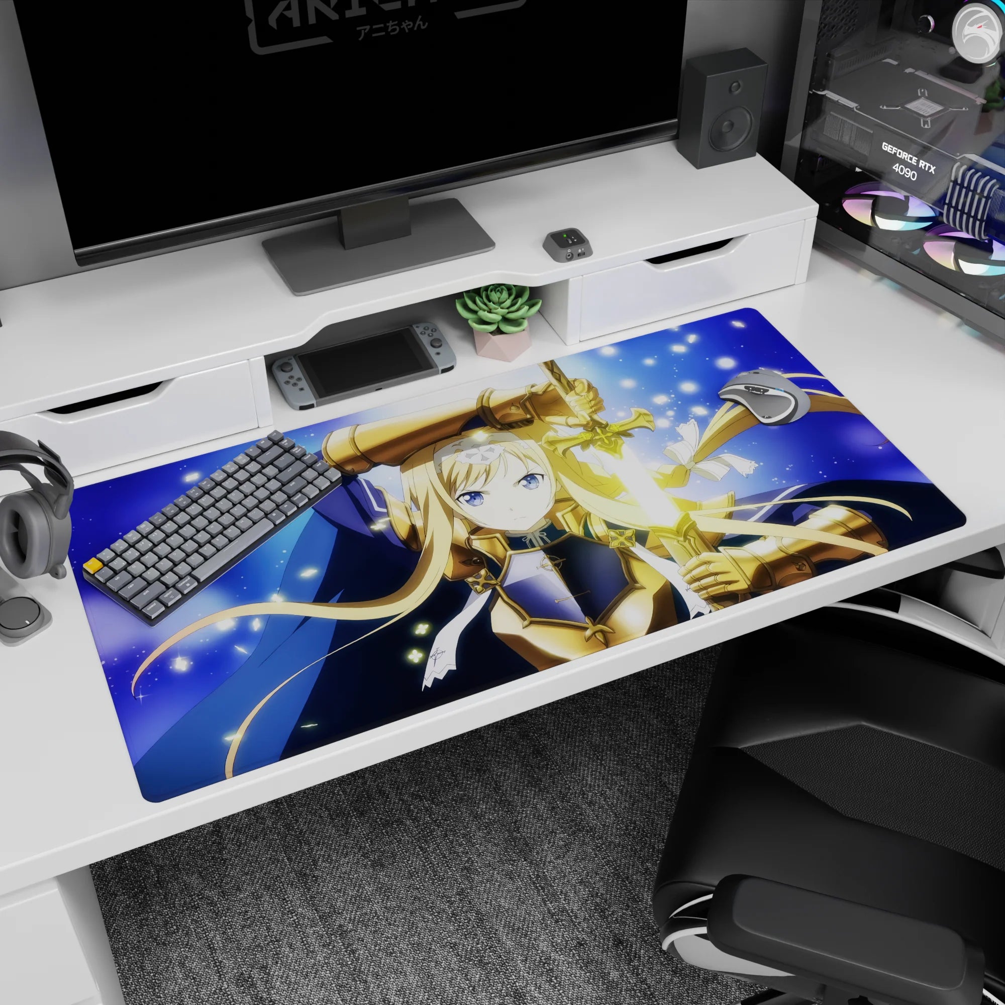 Blonde knight with icy-blue eyes holds a radiant sword on a 40x20 inches anime desk pad.