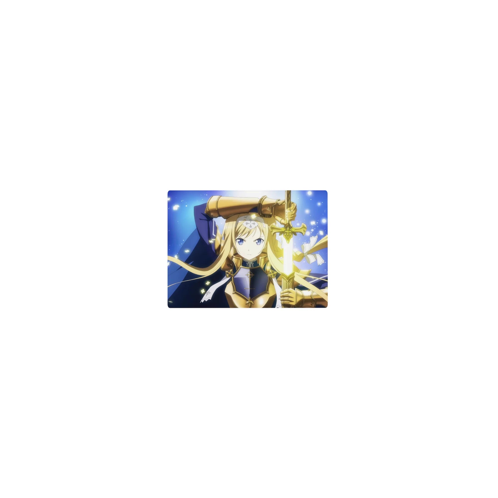 Classic anime girl mouse pad 14x10 inches with blonde knight, gold armor, glowing sword on starry backdrop.