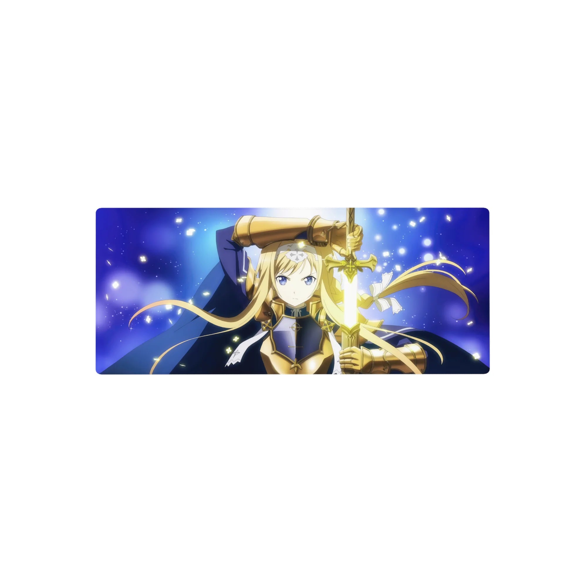 28x12 inches anime girl mouse pad with blonde knight, gold armor, navy cloak, and glowing sword.