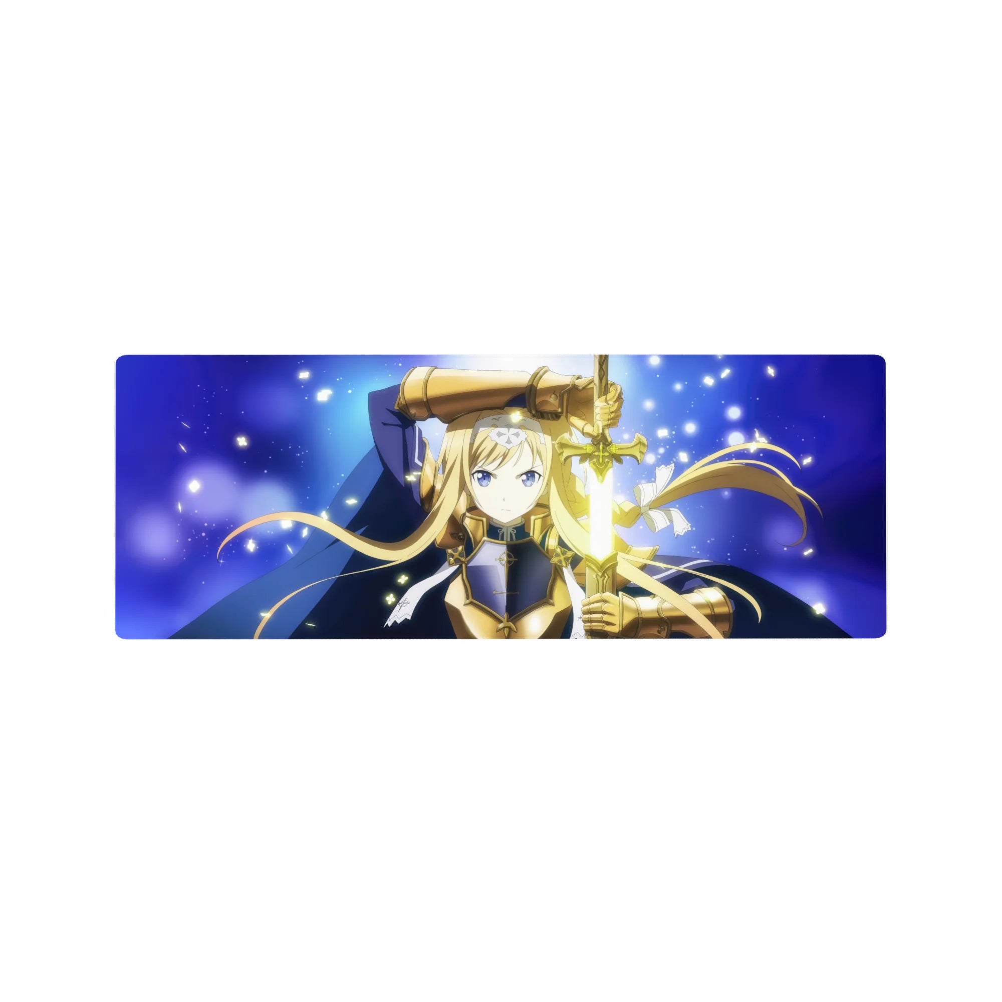 Anime girl mouse pad 32x12 inches featuring a blonde knight in gold armor with a glowing sword.
