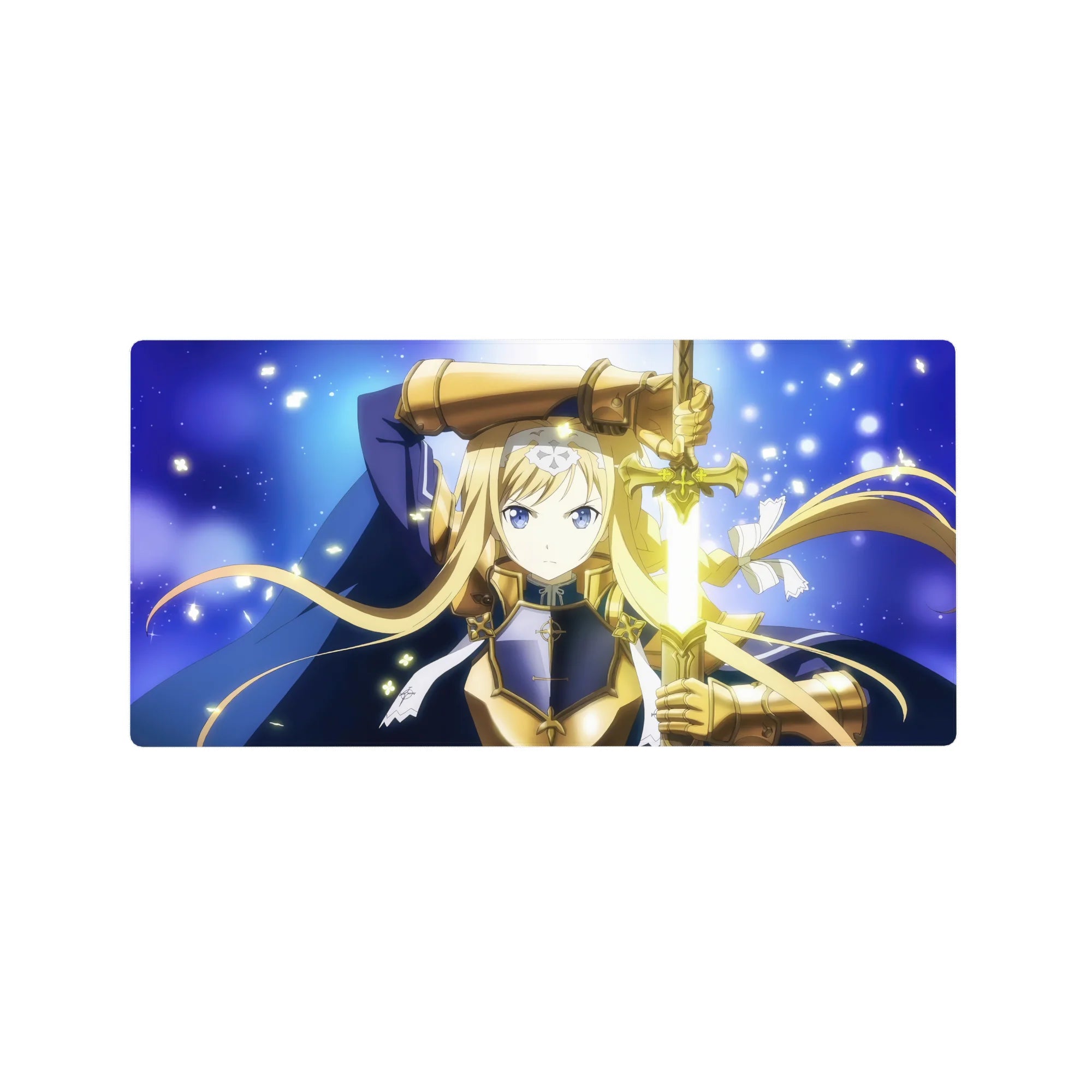 32x16 inches anime girl mouse pad with blonde knight in gold armor, navy cloak, and glowing sword.