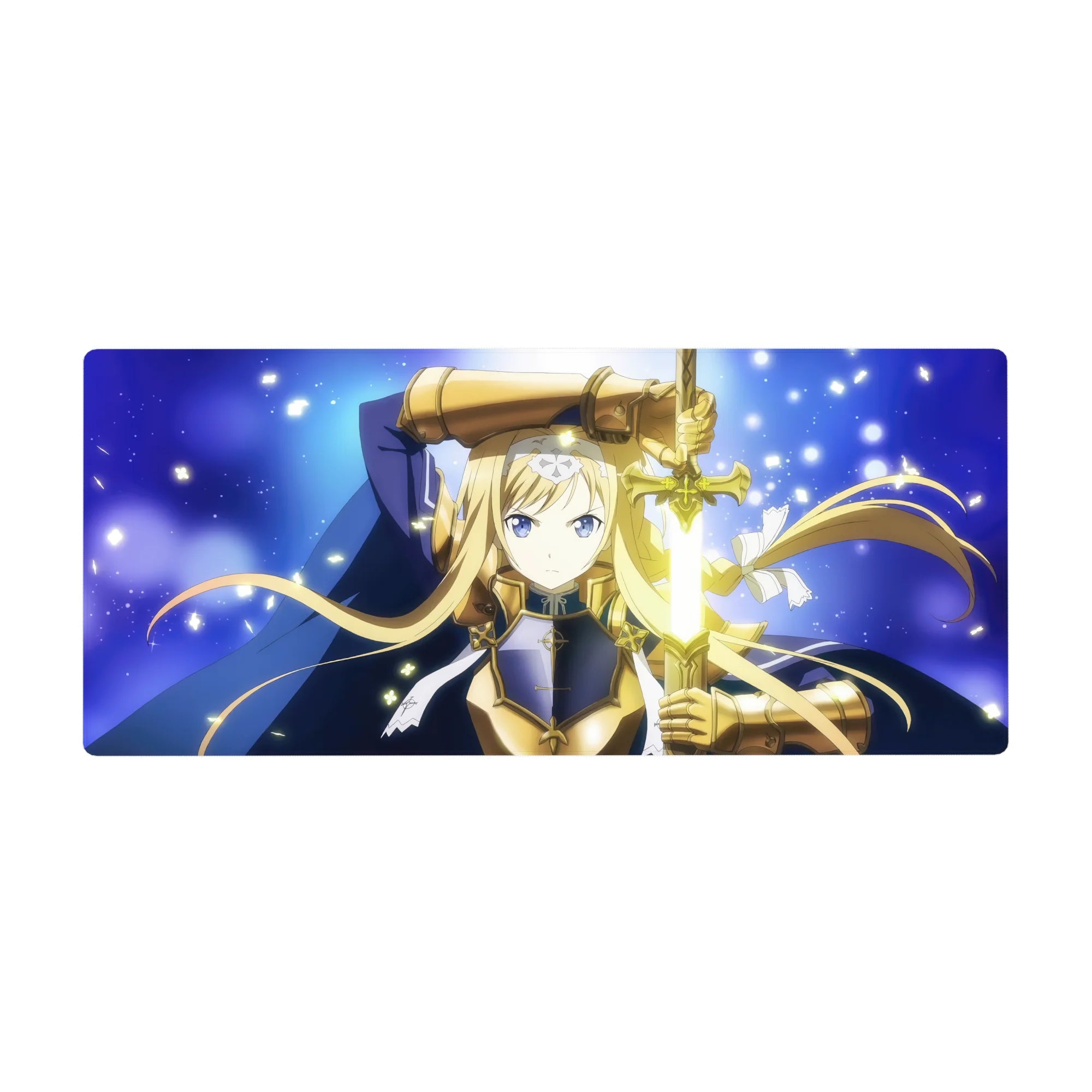 Anime girl desk pad 36x16 inches with blonde knight in gold armor, navy cloak, and glowing sword.