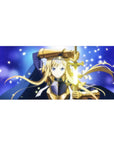 Anime girl desk pad 36x16 inches with blonde knight in gold armor, navy cloak, and glowing sword.
