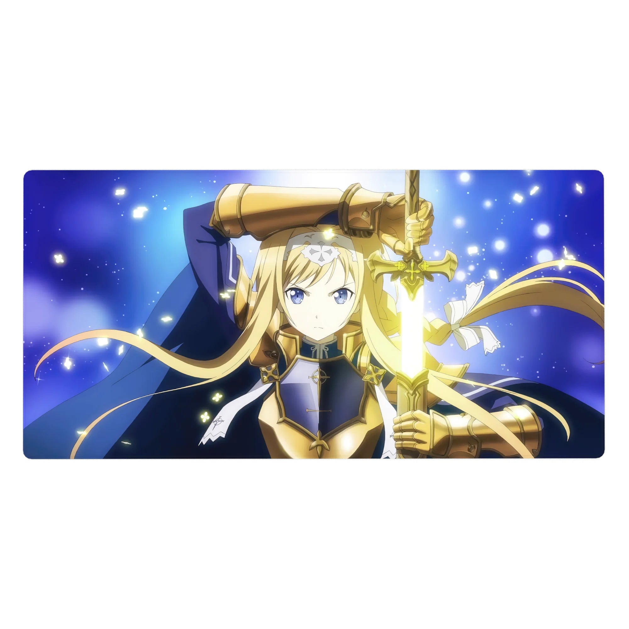 Anime girl knight desk pad 40x20 inches with blonde warrior in gold armor and glowing sword.