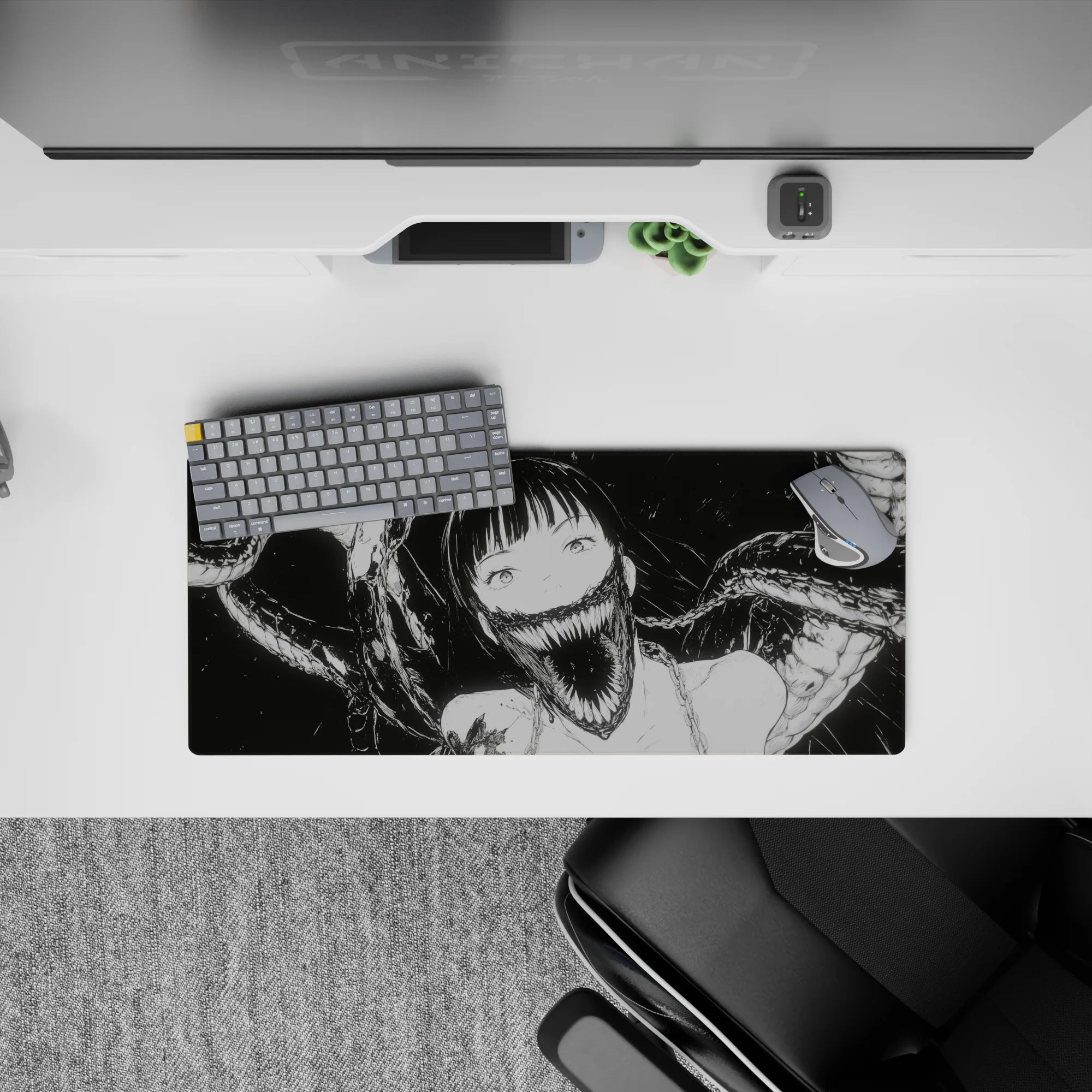 28x12 inches monochrome horror-cute anime mouse pad, pale girl in deep black smoke shadows, bold linework.