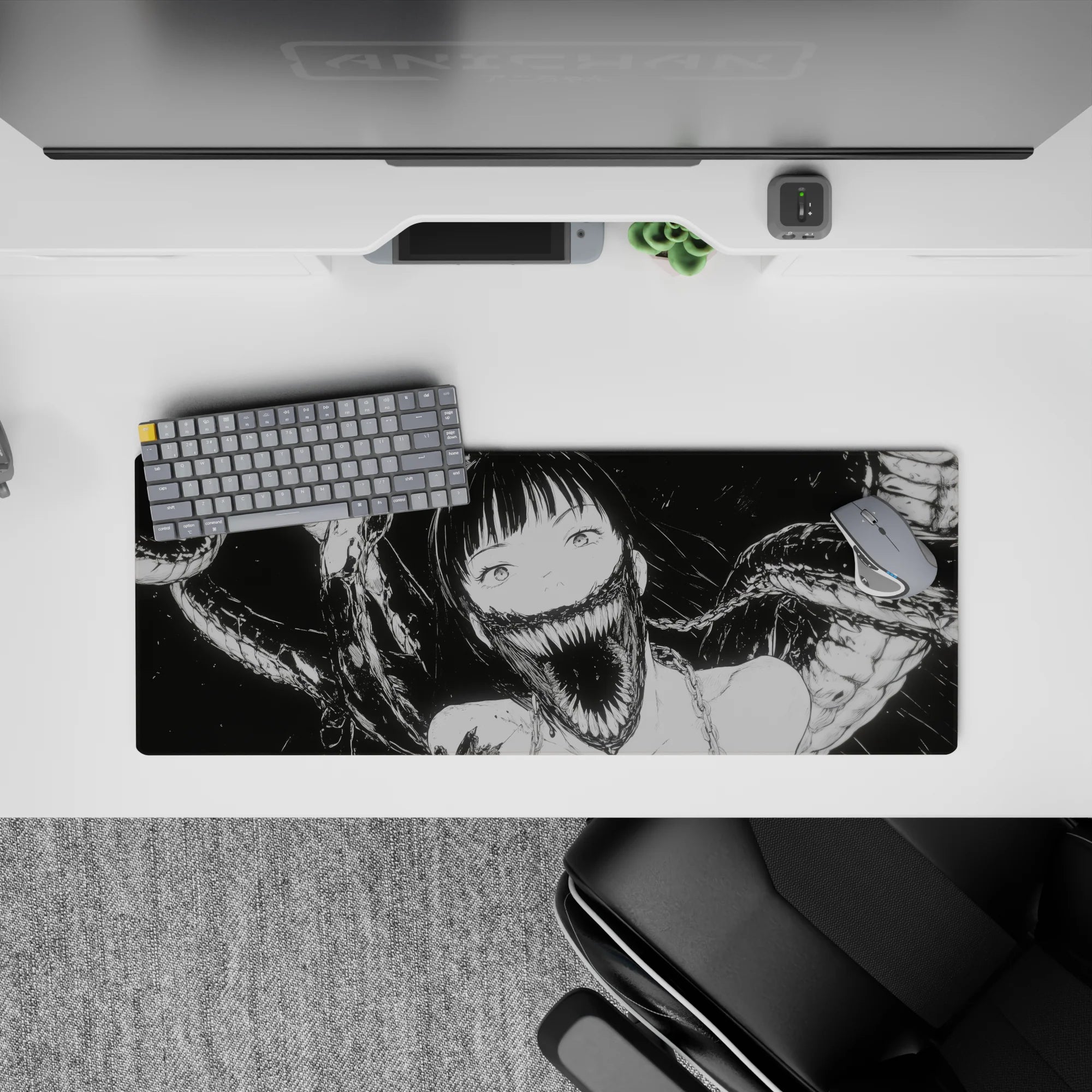 Monochrome anime girl mouse pad 32x12 inches, spooky-cute horror vibe in bold black and pale tones.