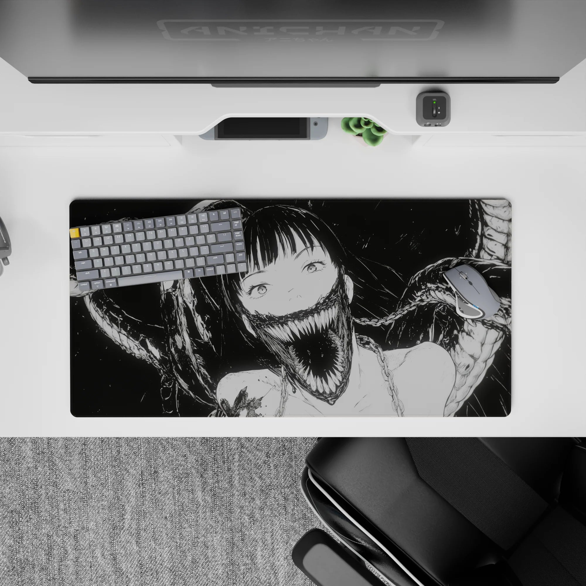 Ink-black and pale horror-cute anime girl mouse pad 32x16 inches, spooky romance vibe, clean bold style.