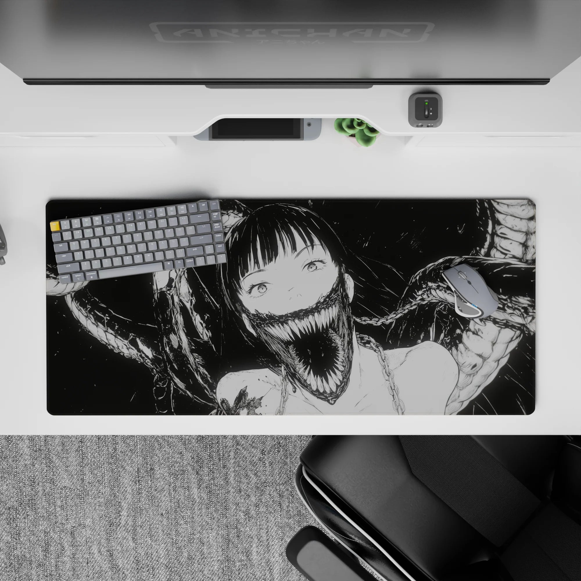 36x16 inches monochrome desk pad, bold black-and-white spooky cute vibe with smoky ribbon shadows.