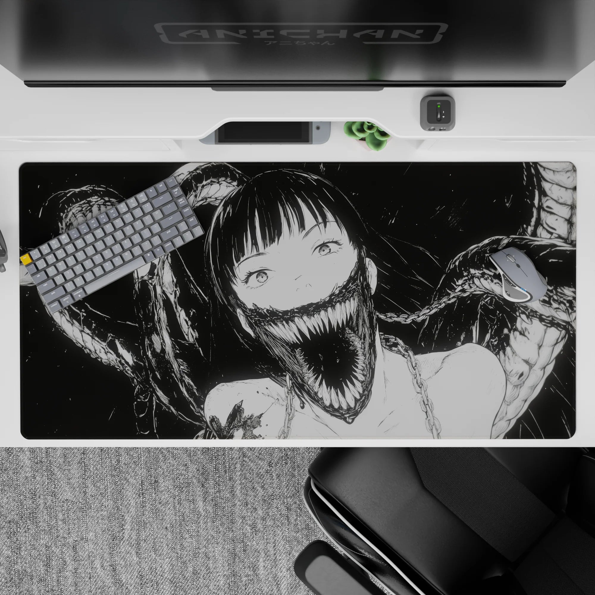 Monochrome anime desk pad 40x20 inches, ink-black horror-cute vibe with pale wide-eyed girl.