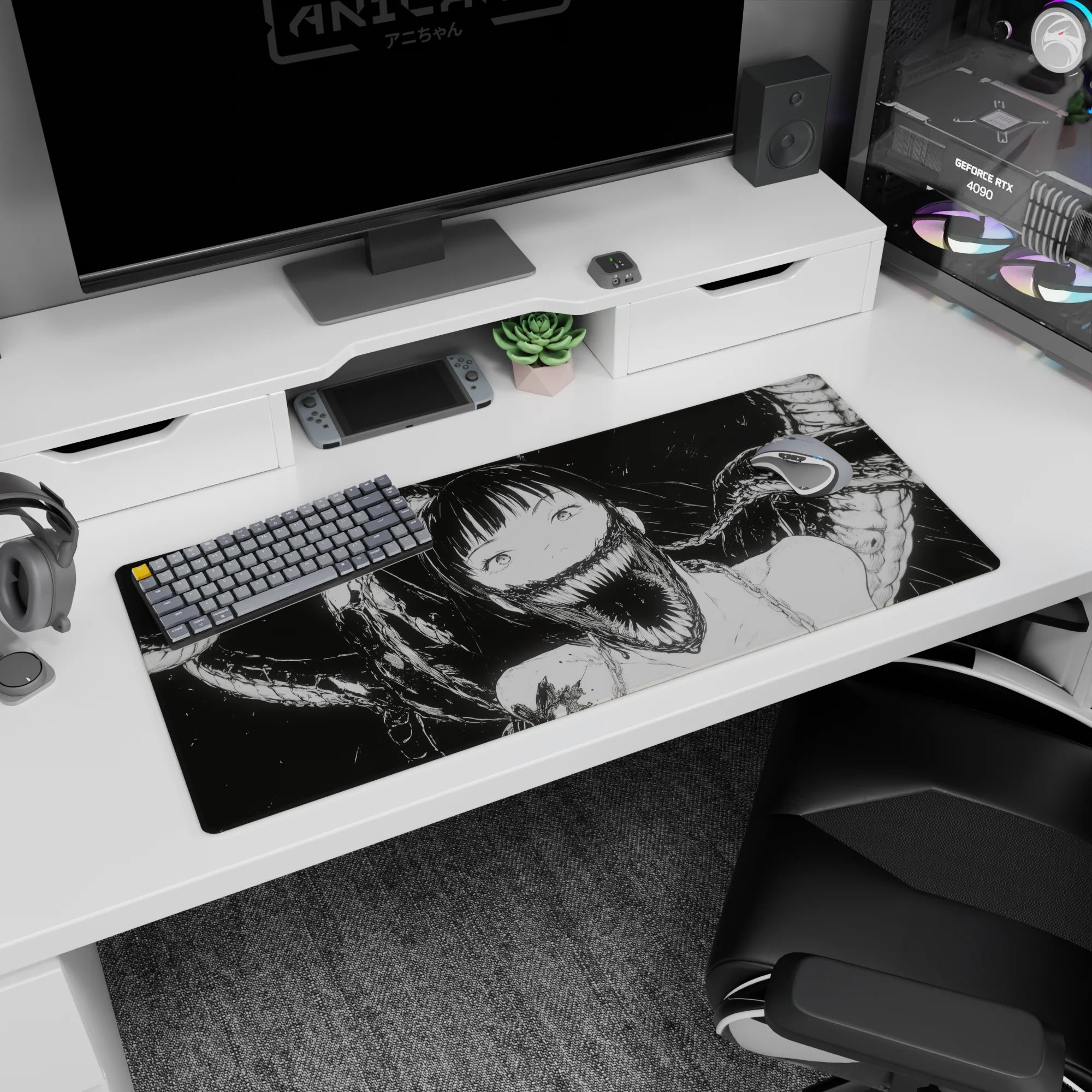 36x16 inches desk pad showing wide-eyed anime girl in curling living-smoke shadows, sweet horror grin.