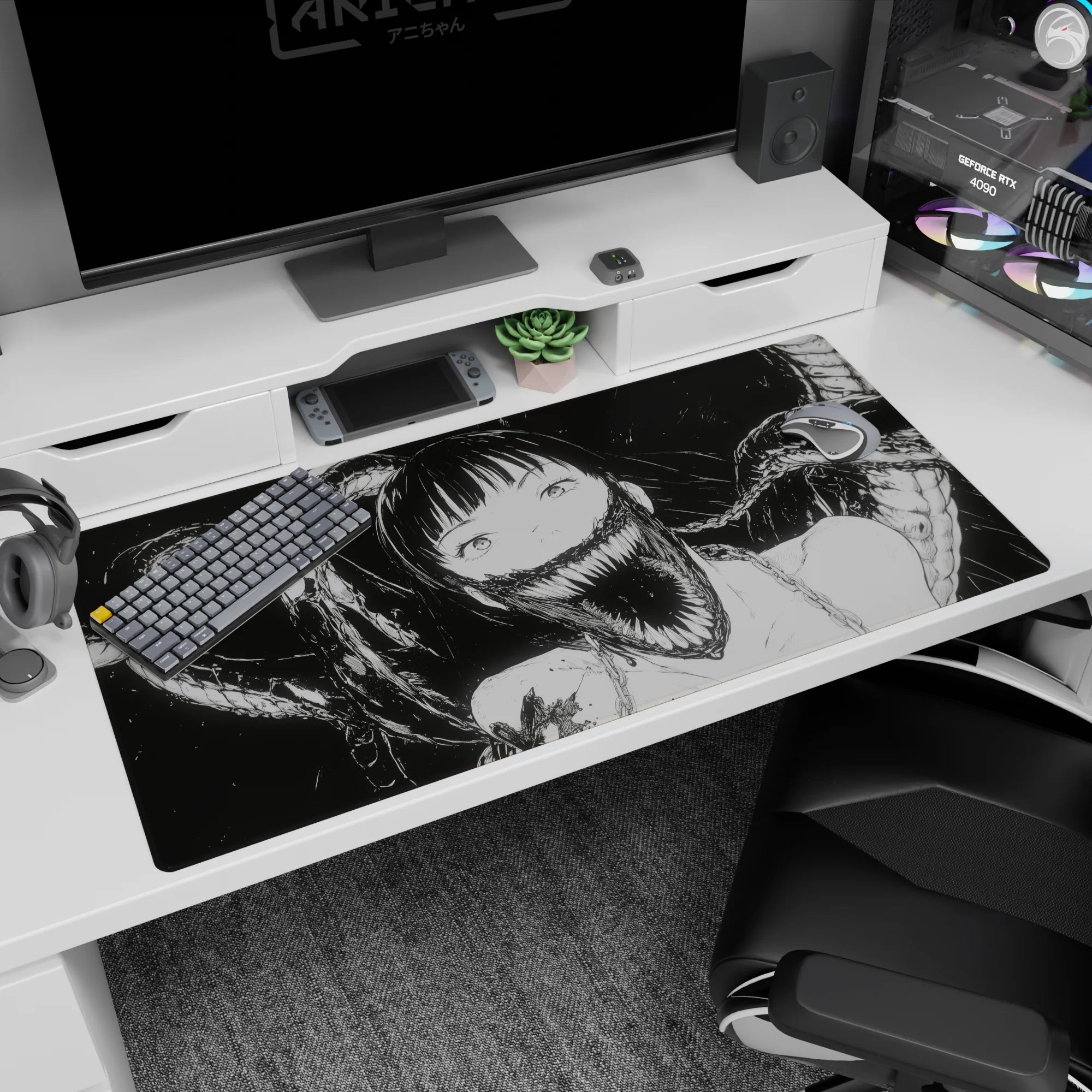Pale wide-eyed anime girl grinning as black shadows curl behind her on a 40x20 inches desk pad.