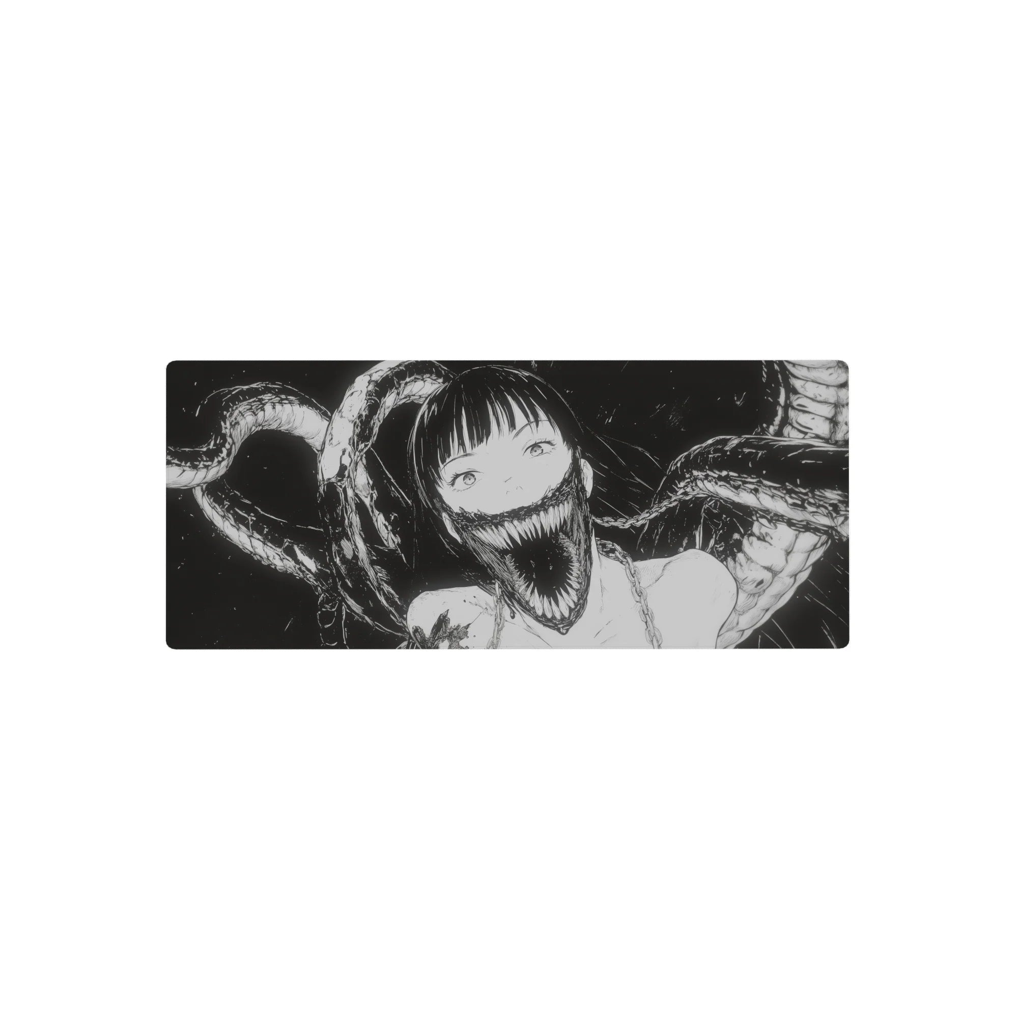 28x12 inches anime girl mouse pad with ink-black shadow tendrils and a sharp-toothed grin, monochrome art.