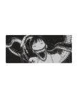 28x12 inches anime girl mouse pad with ink-black shadow tendrils and a sharp-toothed grin, monochrome art.