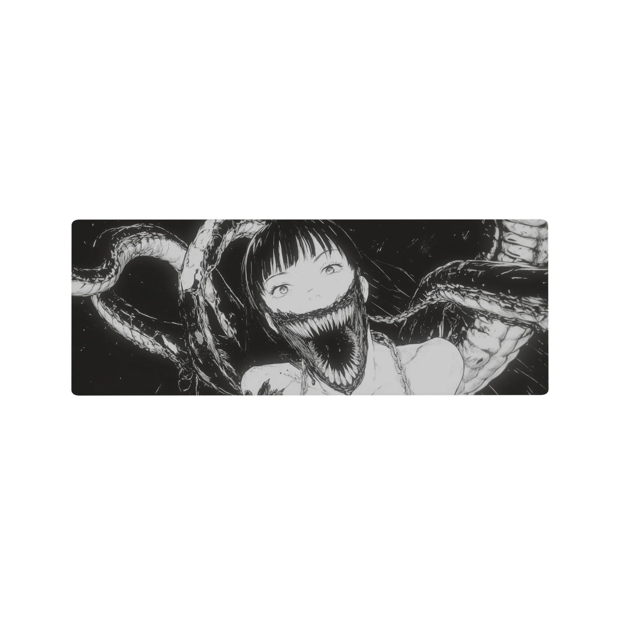 Anime girl mouse pad 32x12 inches with ink-black shadow tendrils and sharp-toothed grin line art.