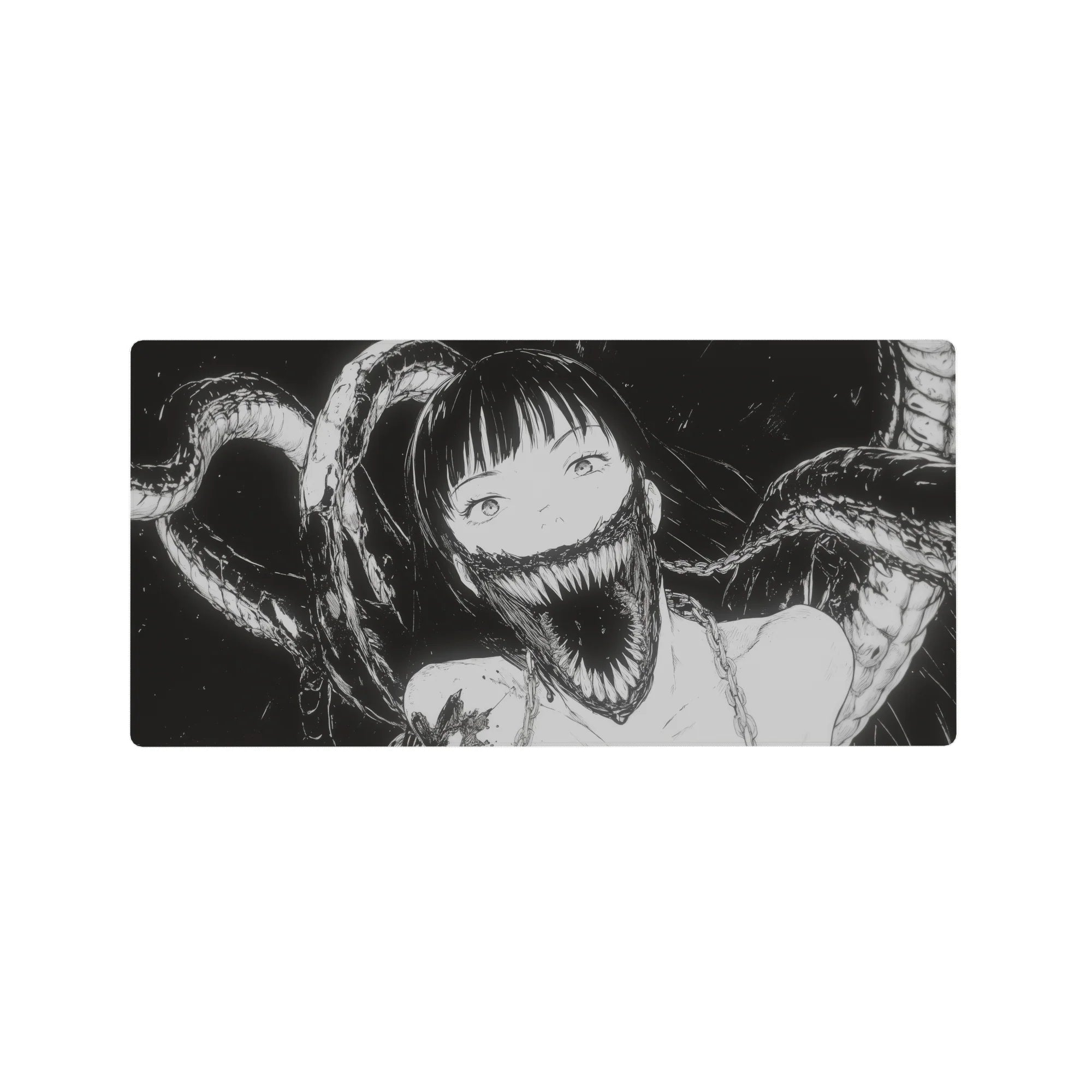 Anime girl mouse pad 32x16 inches with sketchy monochrome line art and curling shadow tendrils.