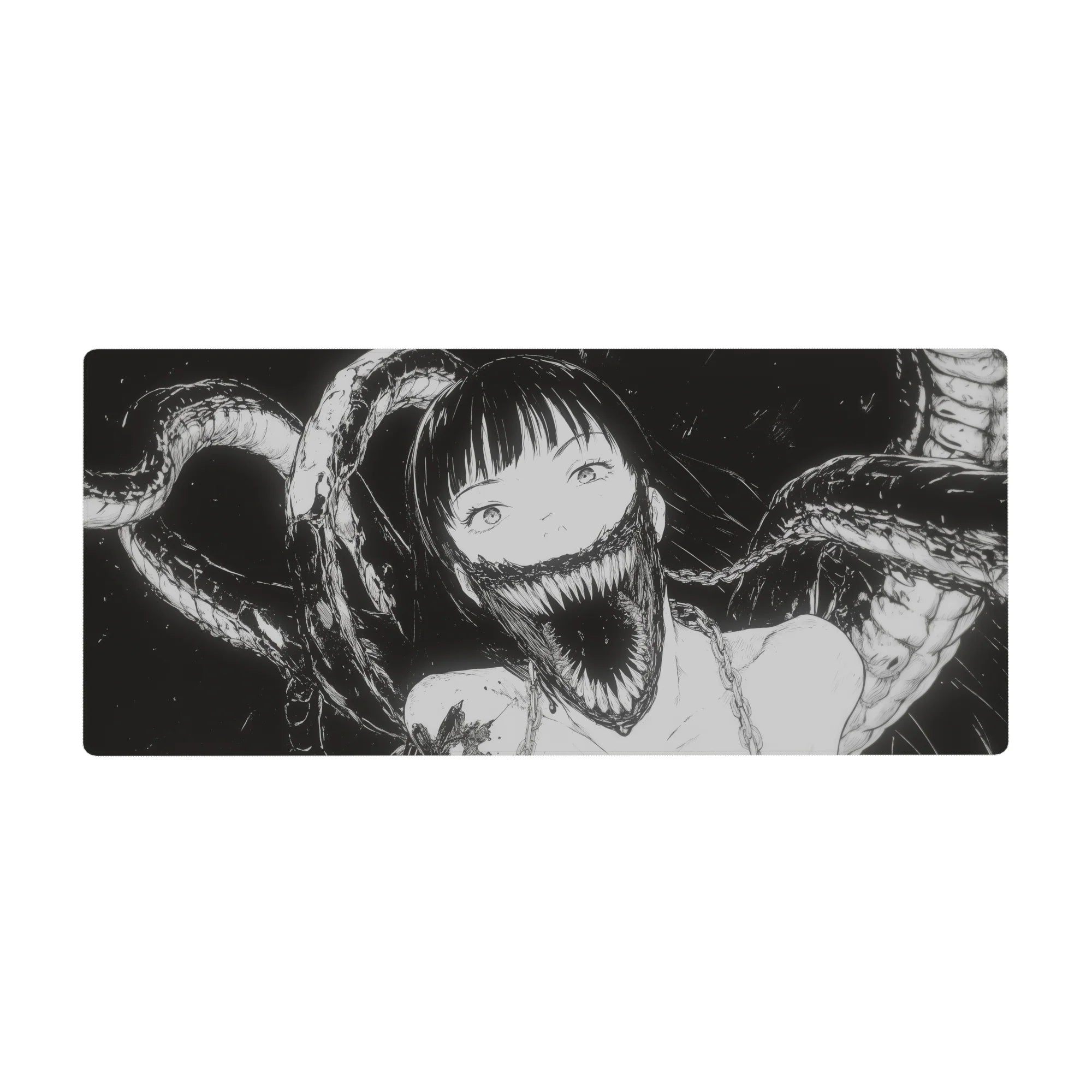 36x16 inches anime girl desk pad with ink-black shadow tendrils and sharp-toothed grin line art.