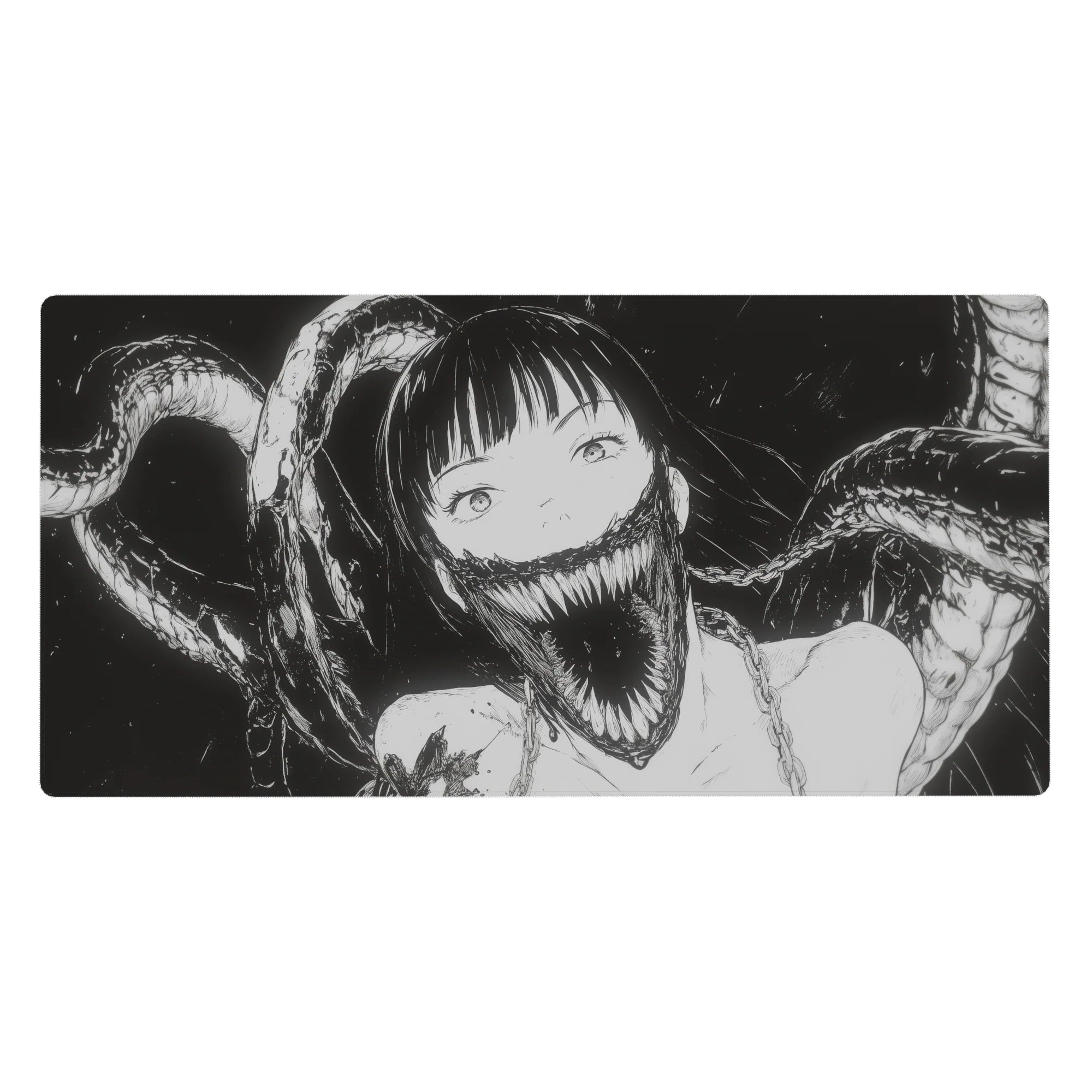 Anime girl desk pad 40x20 inches with shadowy smoke tendrils and sharp-toothed grin line art.