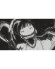 Anime girl desk pad 40x20 inches with shadowy smoke tendrils and sharp-toothed grin line art.
