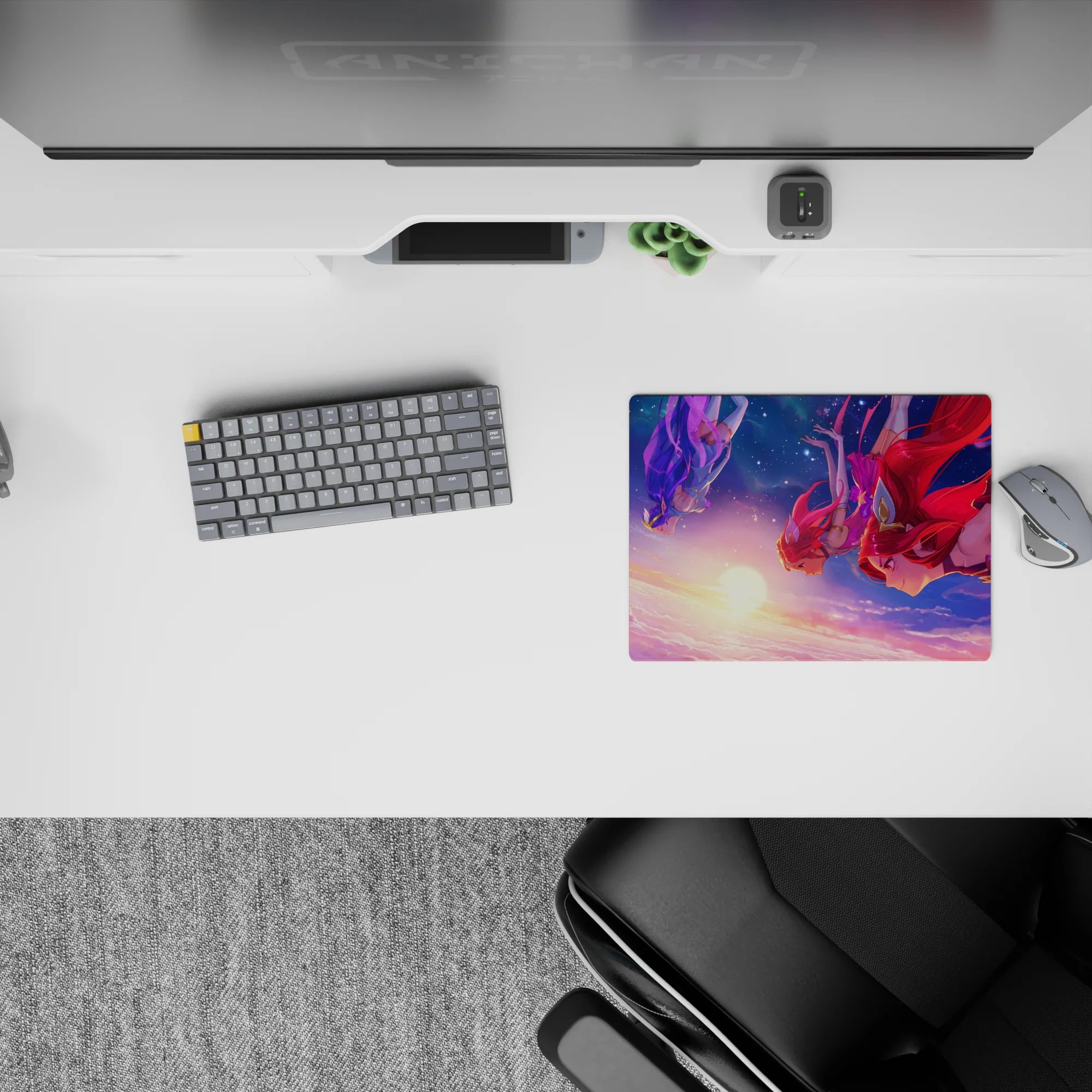 Dreamy 14x10 inches anime mouse pad in cotton-candy pinks and deep blues with star-specked sky glow.