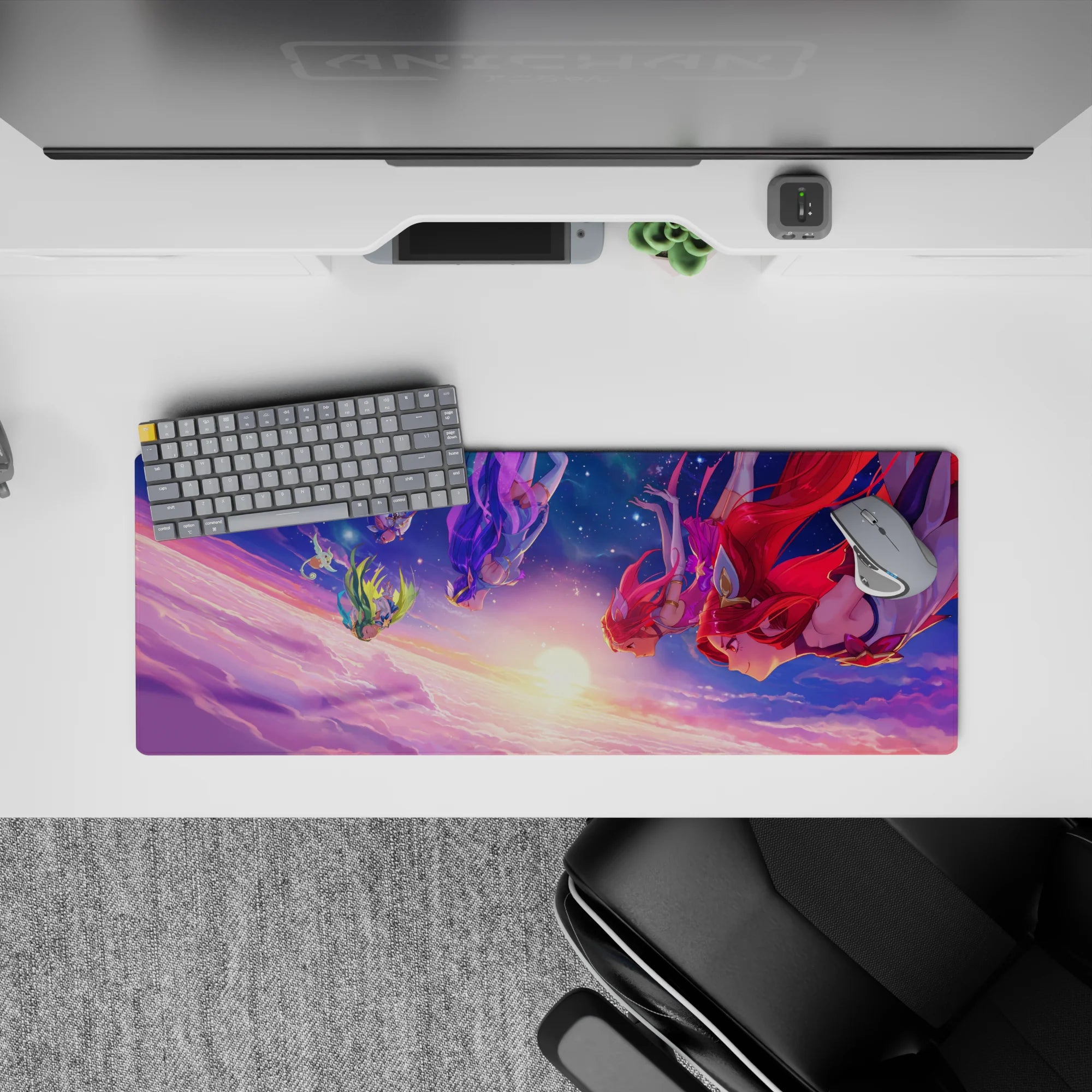 32x12 inches anime girl mouse pad in cotton-candy pinks and deep blues, soft dreamy vibe with glowing star specks.