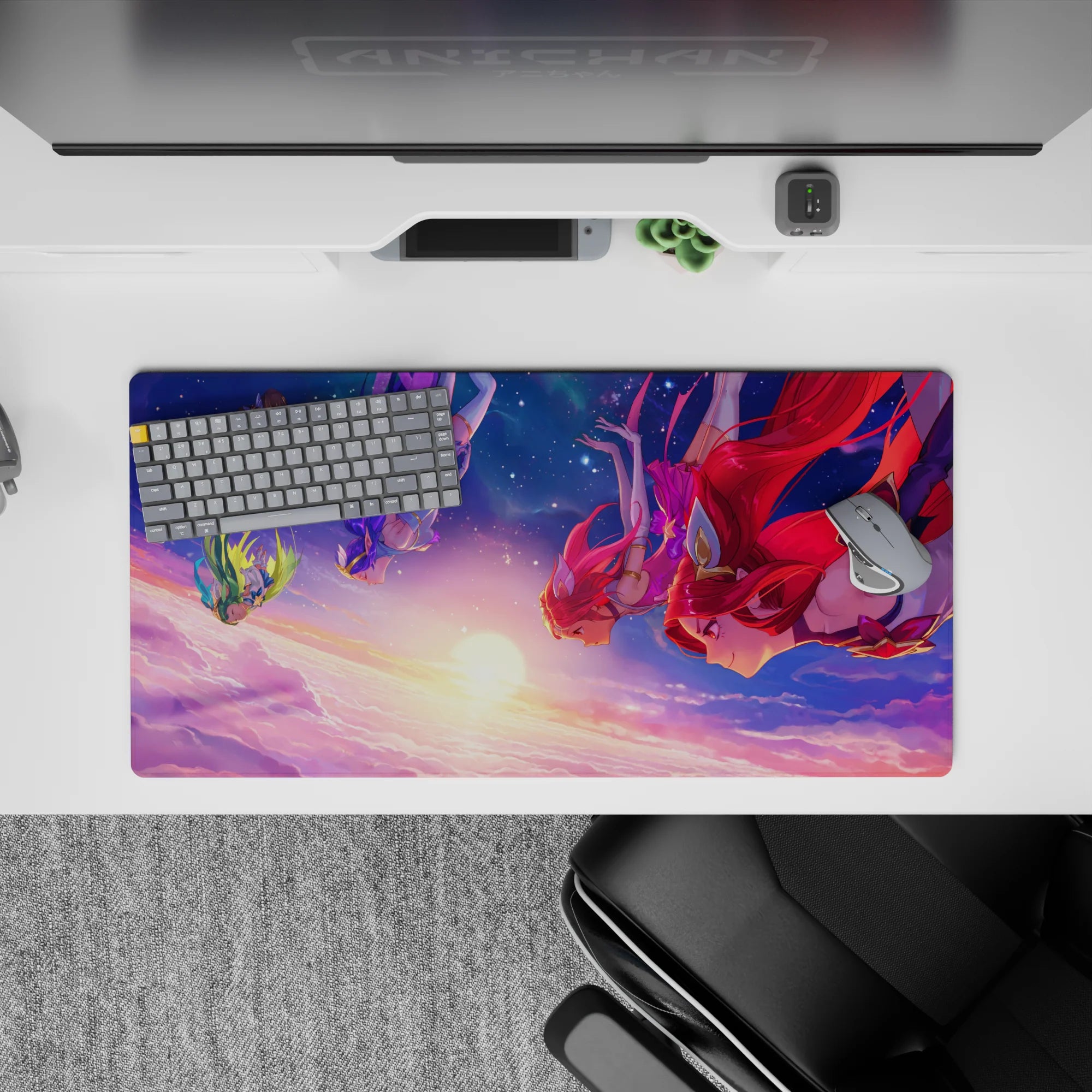 32x16 inches anime girl mouse pad in cotton-candy pink and deep blue starry sky, soft yet bold vibe.