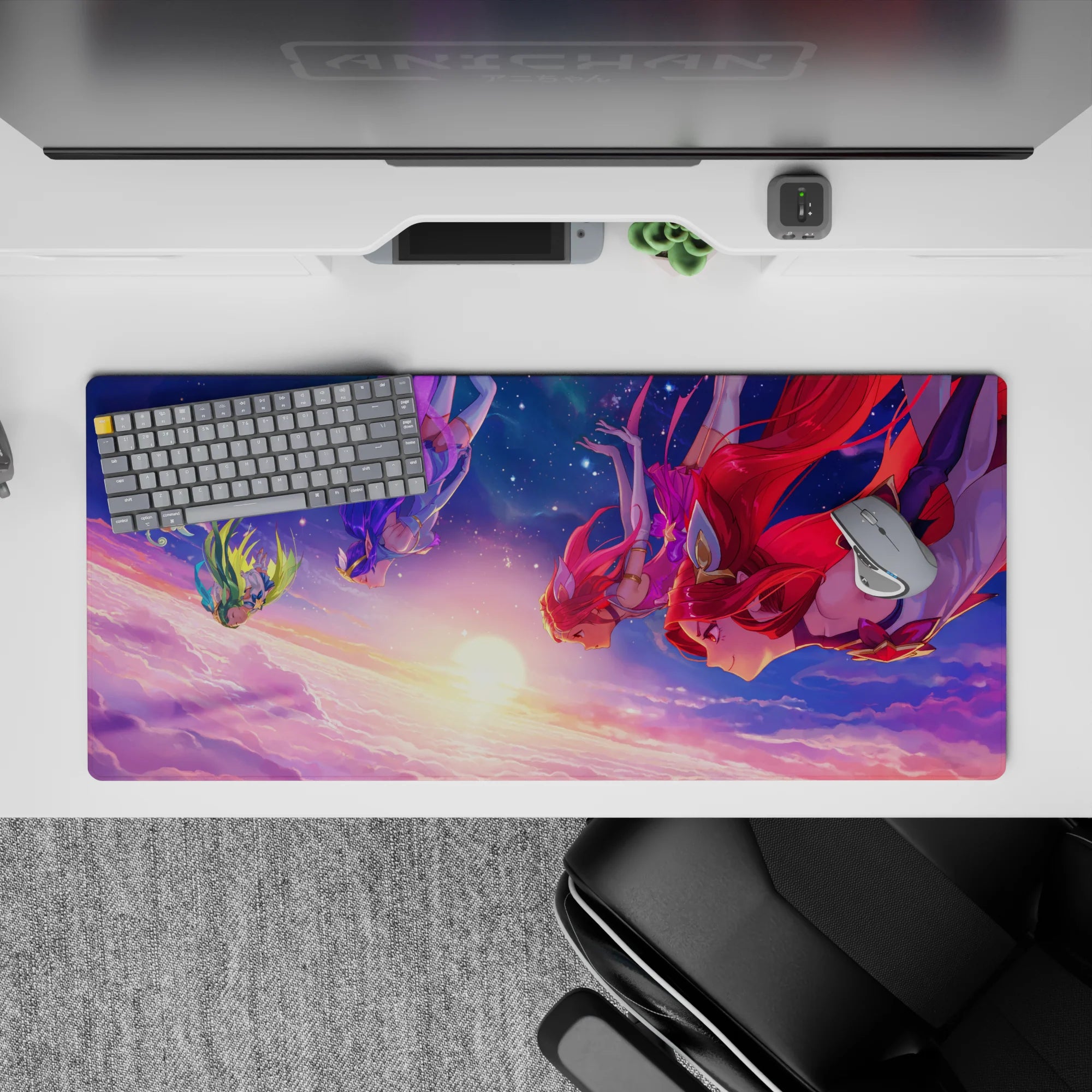 36x16 inches desk pad in cotton-candy pink and deep blue, star-speckled sky, soft but bold vibe.