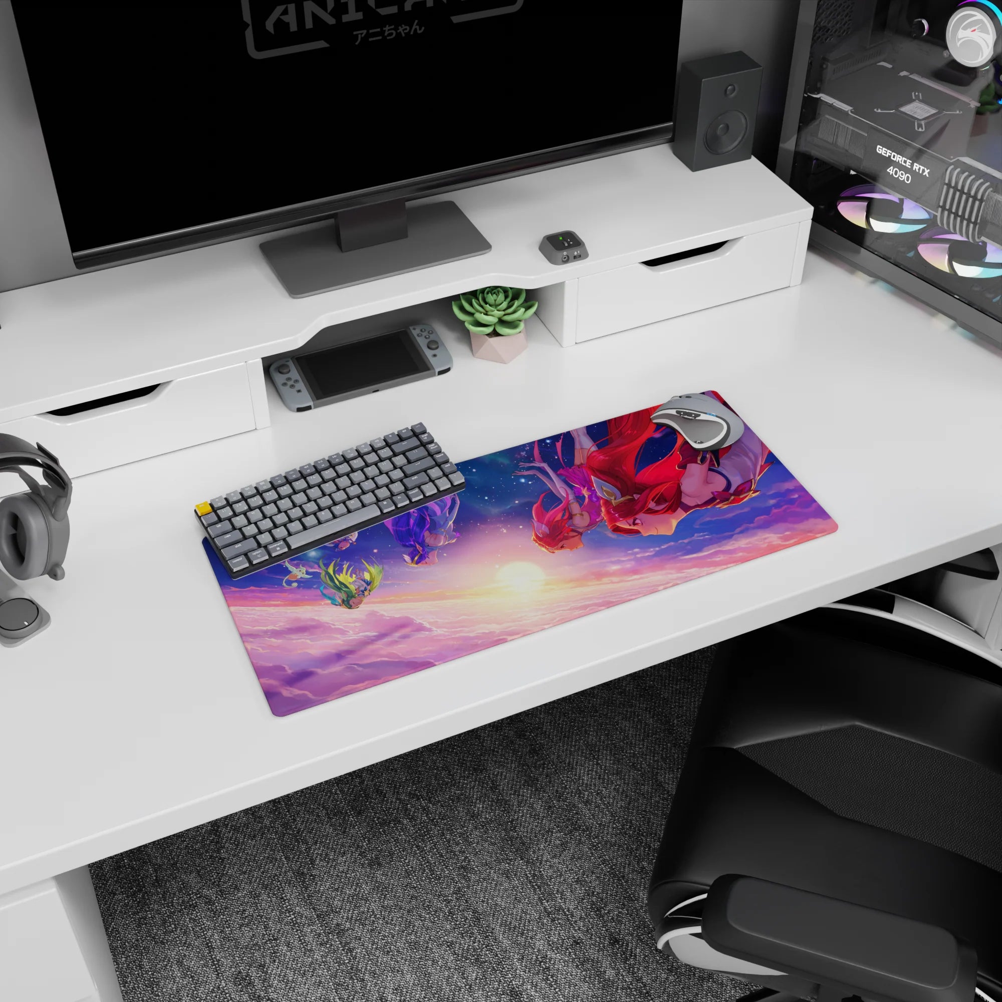28x12 inches anime girl mouse pad showing four fierce girls falling in formation, hair like fire and violet silk.