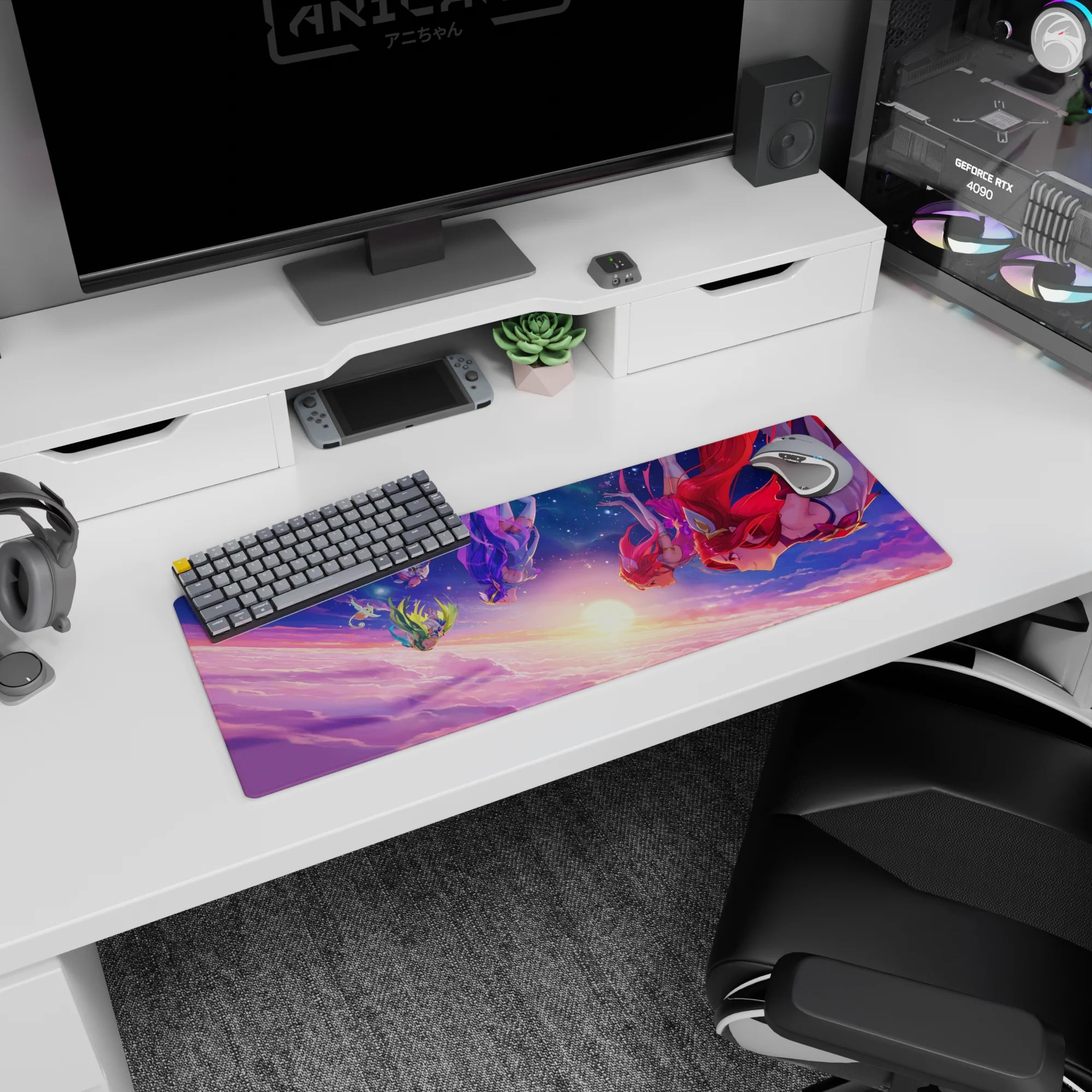 32x12 inches anime girl mouse pad showing four fierce girls falling through violet clouds, hair like fire ribbons.