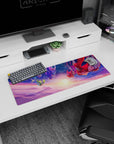 32x12 inches anime girl mouse pad showing four fierce girls falling through violet clouds, hair like fire ribbons.
