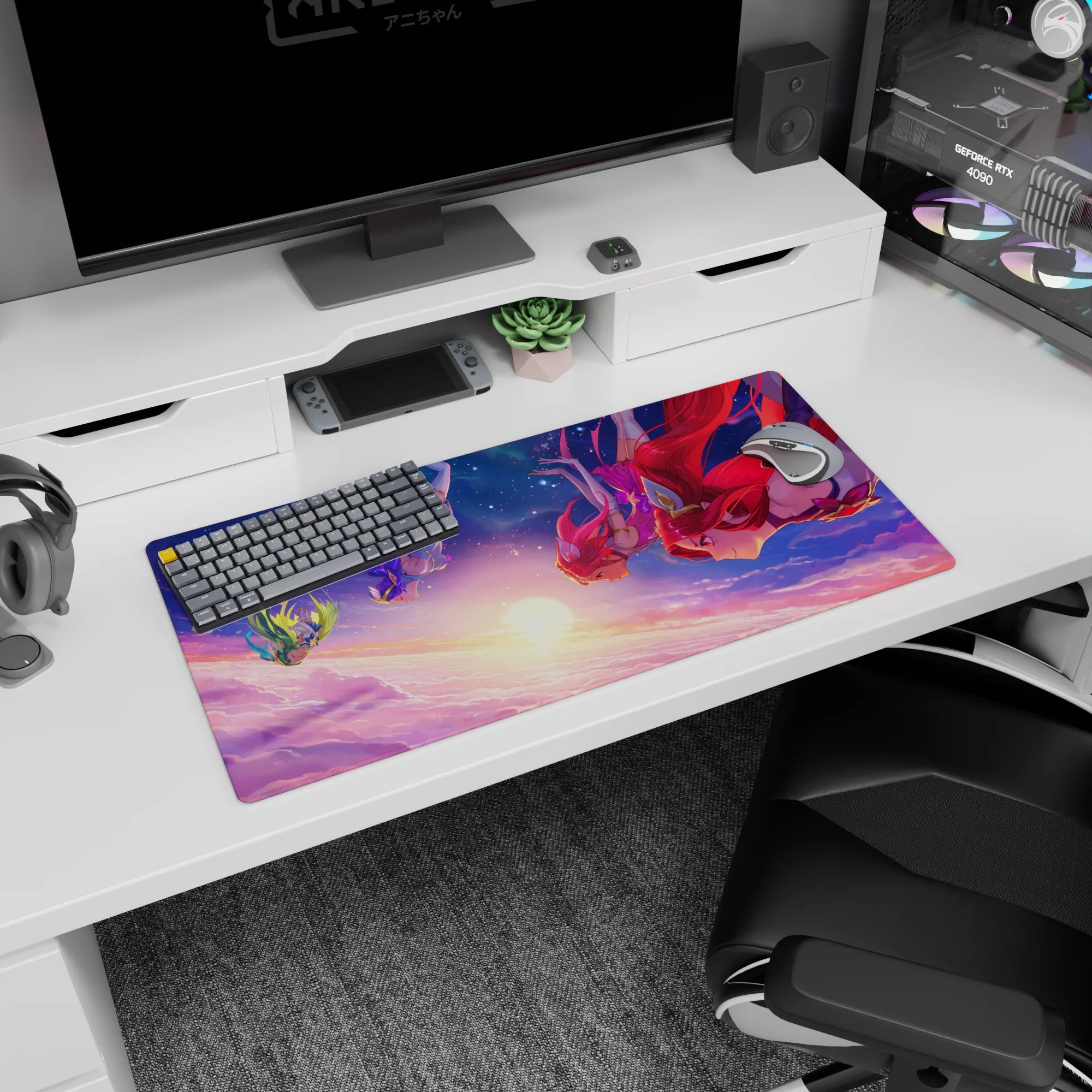 32x16 inches anime girl mouse pad showing four fierce girls falling in formation, hair like fire and violet silk.