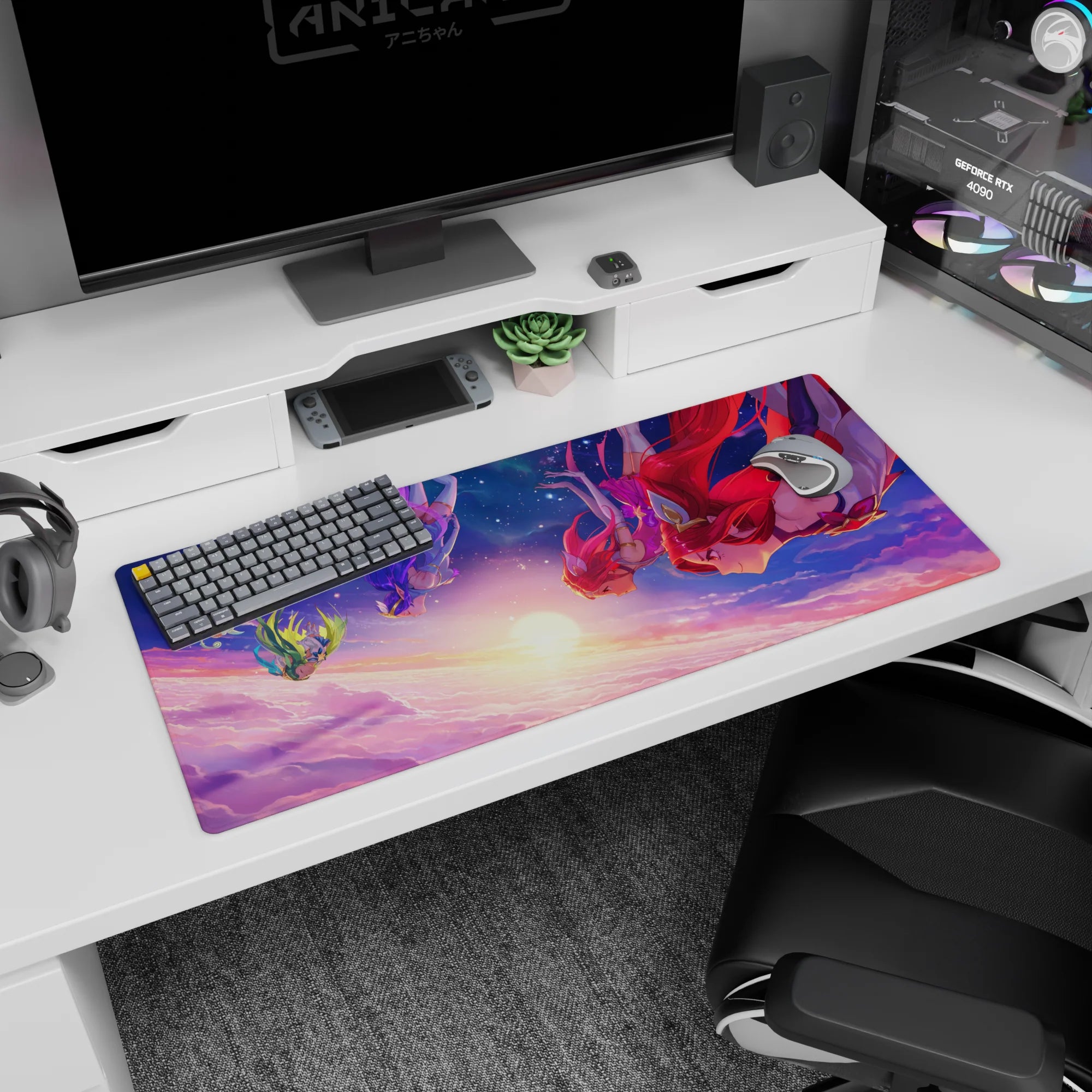 36x16 inches anime desk pad showing four fierce girls falling in formation, hair like fire and violet silk.