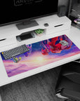 36x16 inches anime desk pad showing four fierce girls falling in formation, hair like fire and violet silk.