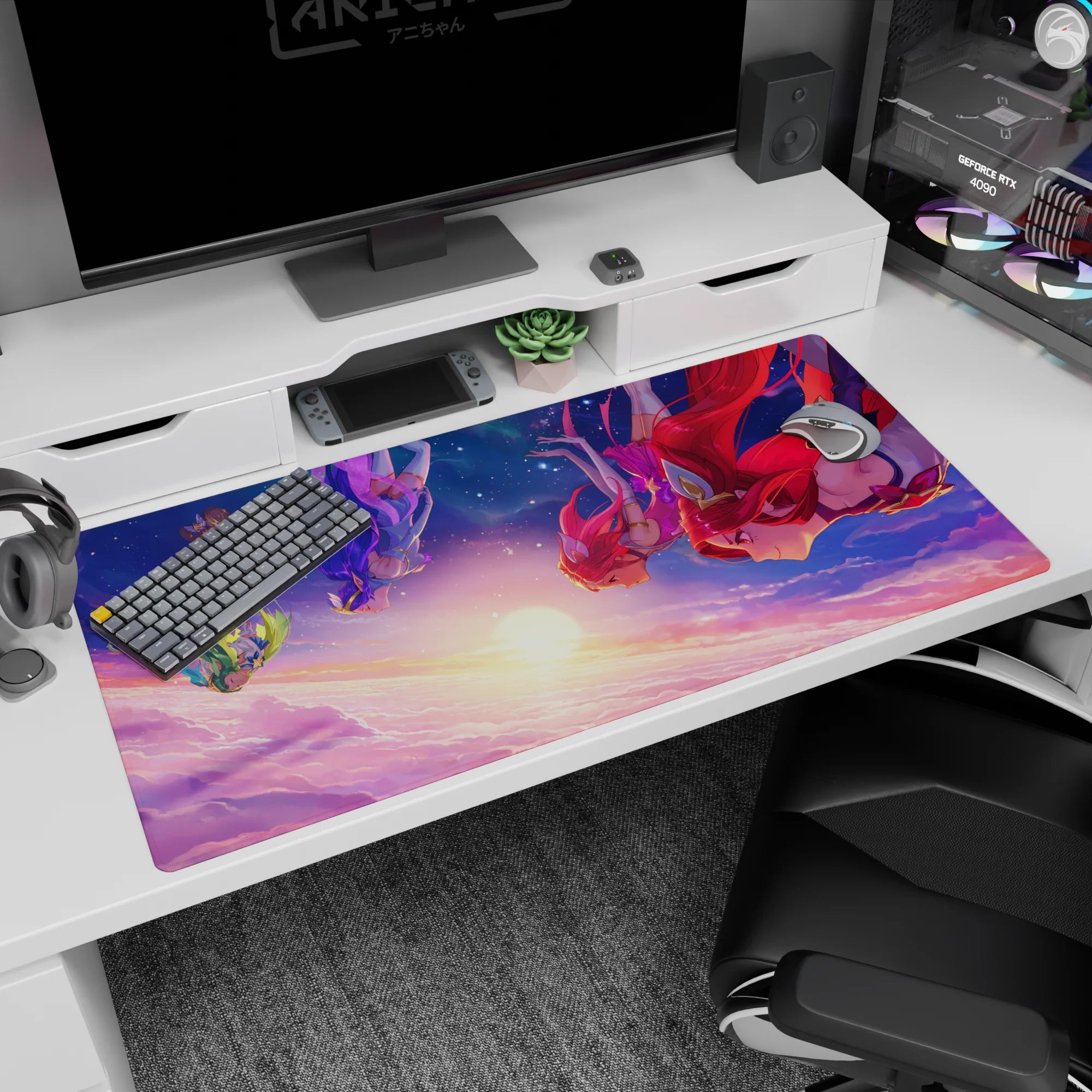 40x20 inches anime girl desk pad showing four fierce heroines in formation, hair streaming, armor accents.