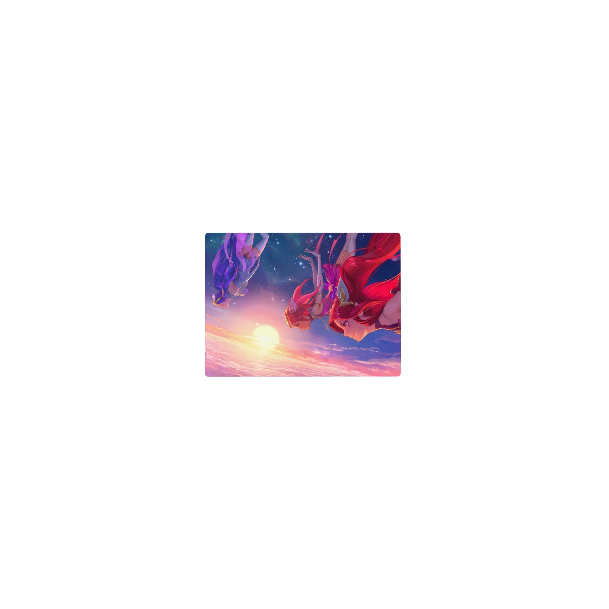 Classic anime girl mouse pad 14x10 inches with four heroines diving through sunset clouds, gold-trim armor.