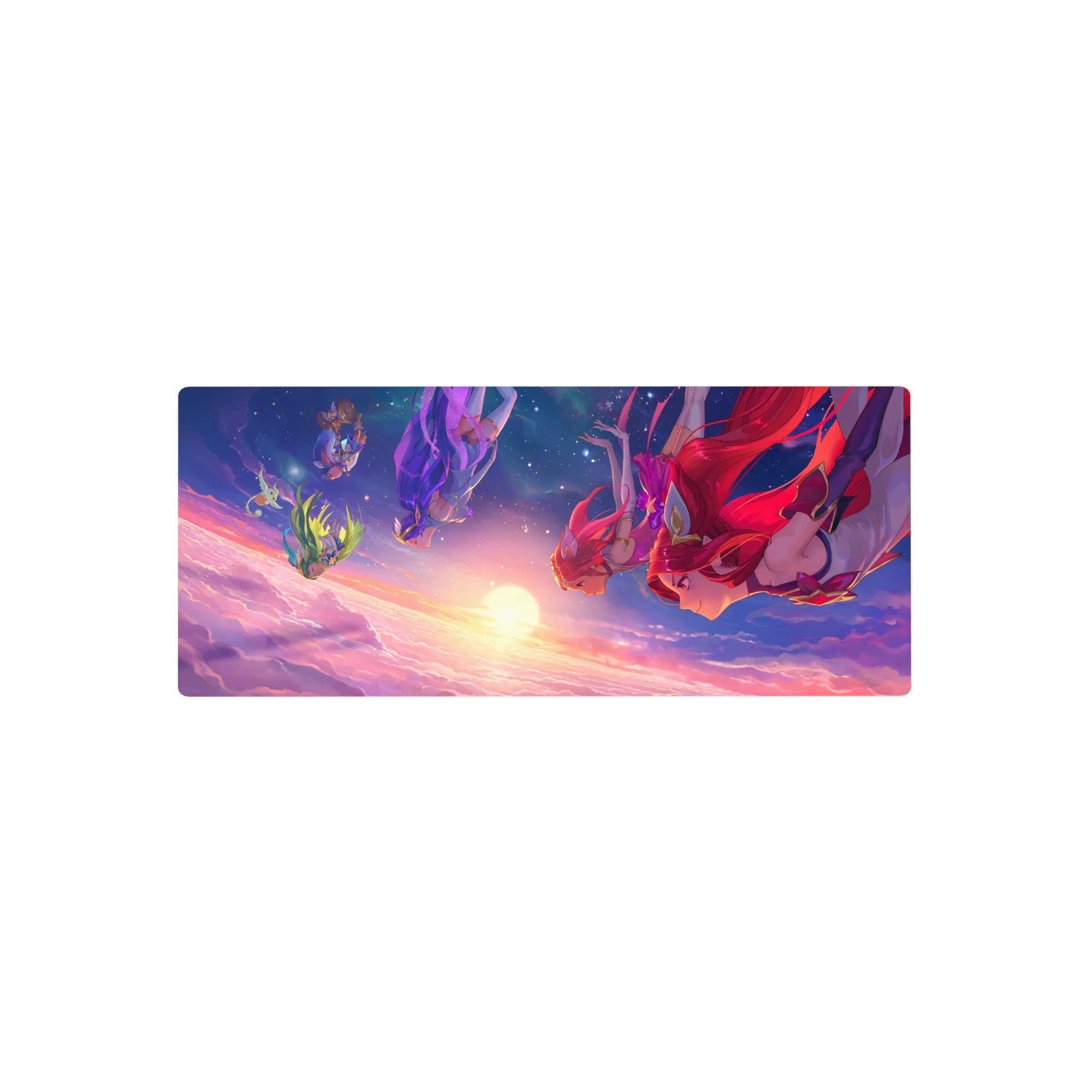 28x12 inches anime girl mouse pad with four heroines diving through sunset clouds, gold-trim armor.