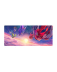 28x12 inches anime girl mouse pad with four heroines diving through sunset clouds, gold-trim armor.