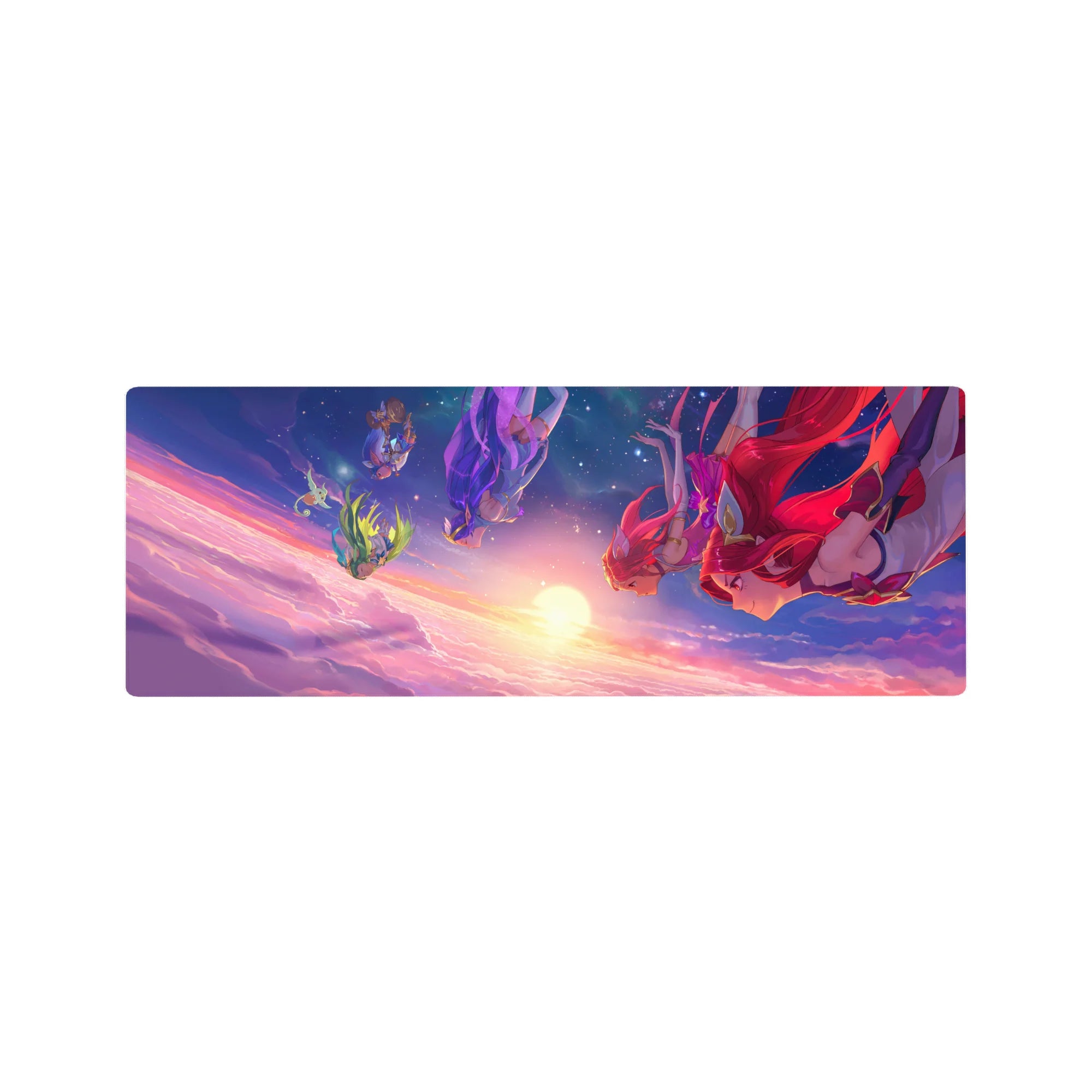 32x12 inches anime girl mouse pad with four heroines diving through sunset clouds in formation, star-specked sky.