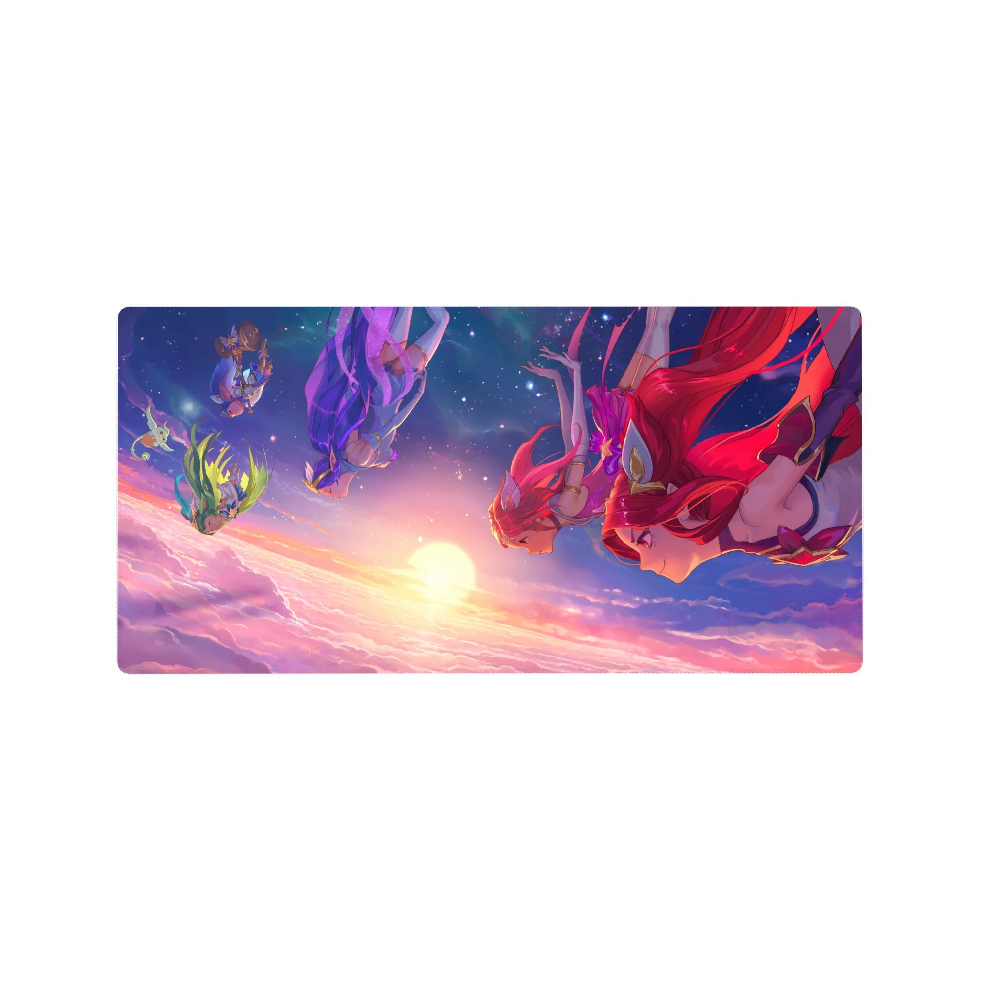32x16 inches anime girl mouse pad with four heroines diving through sunset clouds, gold trim and armor.