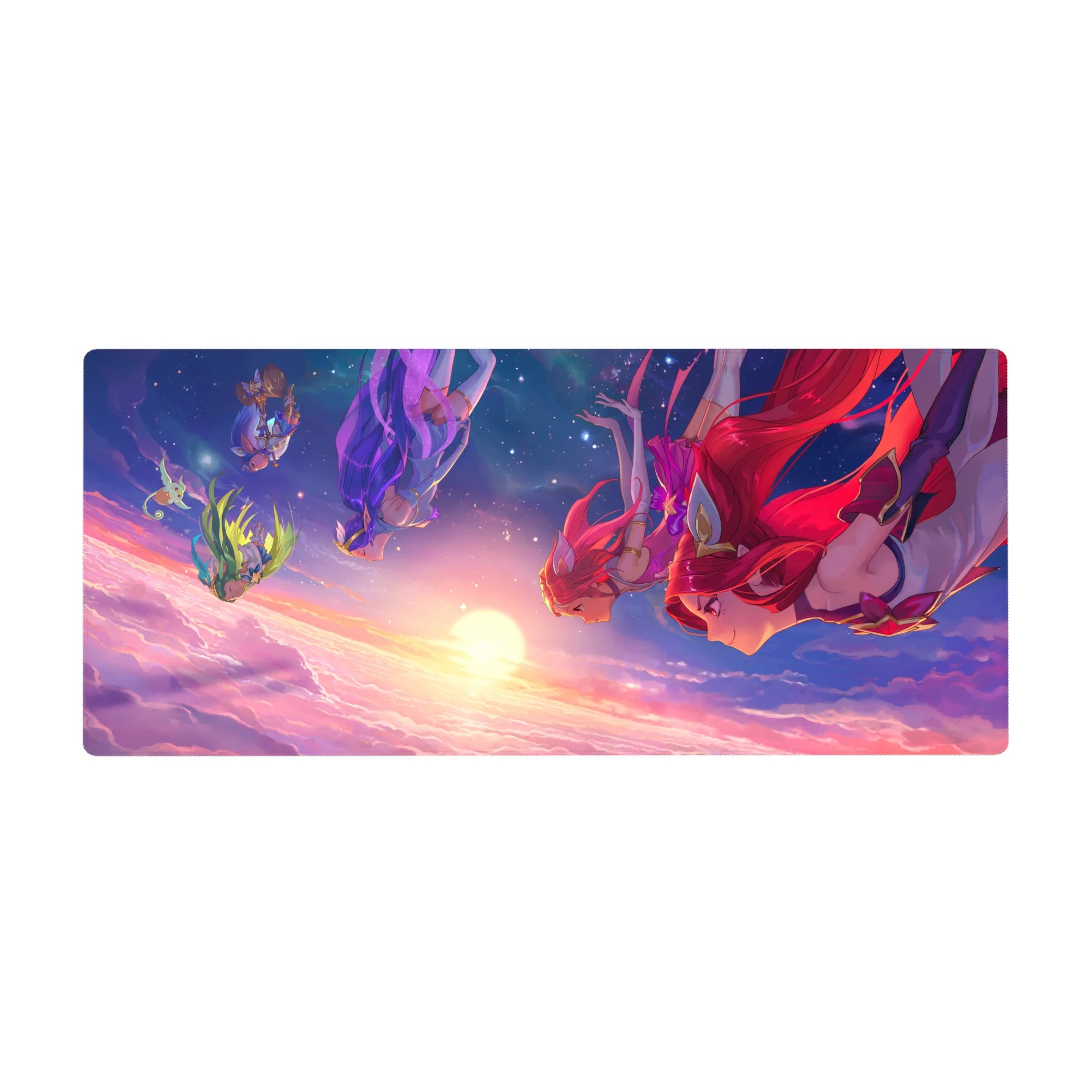 36x16 inches anime girl desk pad with four heroines diving through sunset clouds, gold trim and armor.