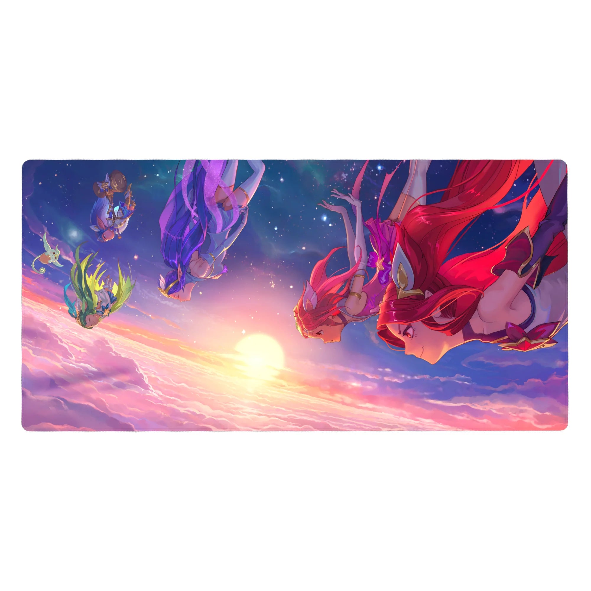 Anime girl desk pad 40x20 inches with four heroines diving through sunset clouds, star-speckled sky.